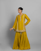 MUSTARD YELLOW EMBROIDERED SILK KURTA GHARARA SET