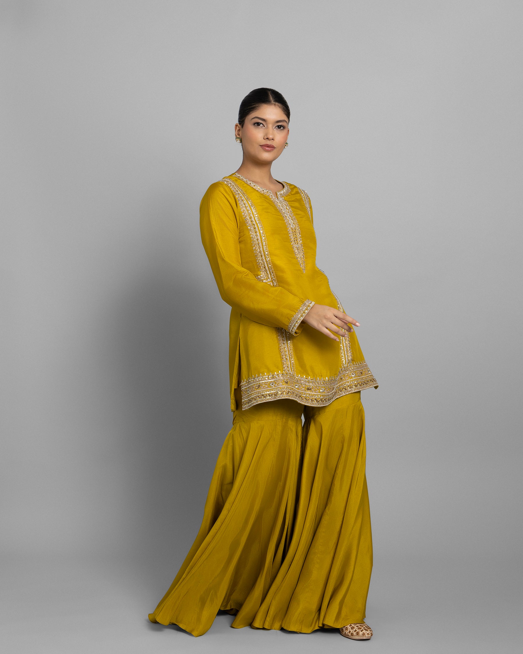 MUSTARD YELLOW EMBROIDERED SILK KURTA PALAZZO SET