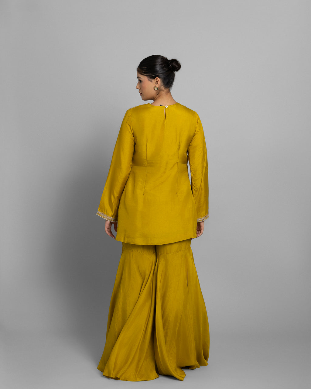 MUSTARD YELLOW EMBROIDERED SILK KURTA GHARARA SET