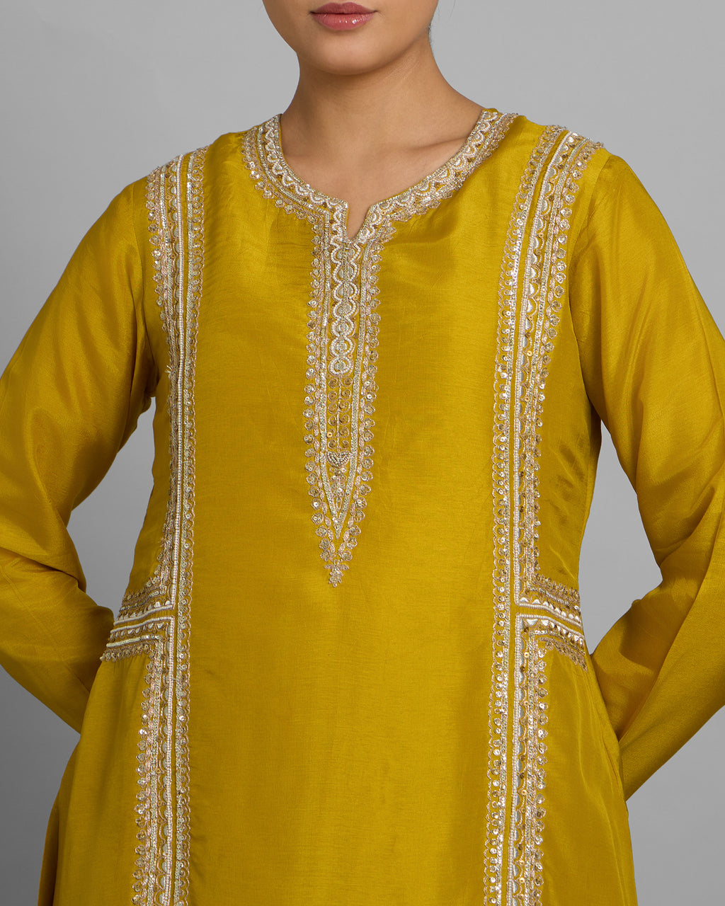 MUSTARD YELLOW EMBROIDERED SILK KURTA GHARARA SET