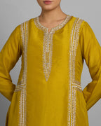 MUSTARD YELLOW EMBROIDERED SILK KURTA GHARARA SET
