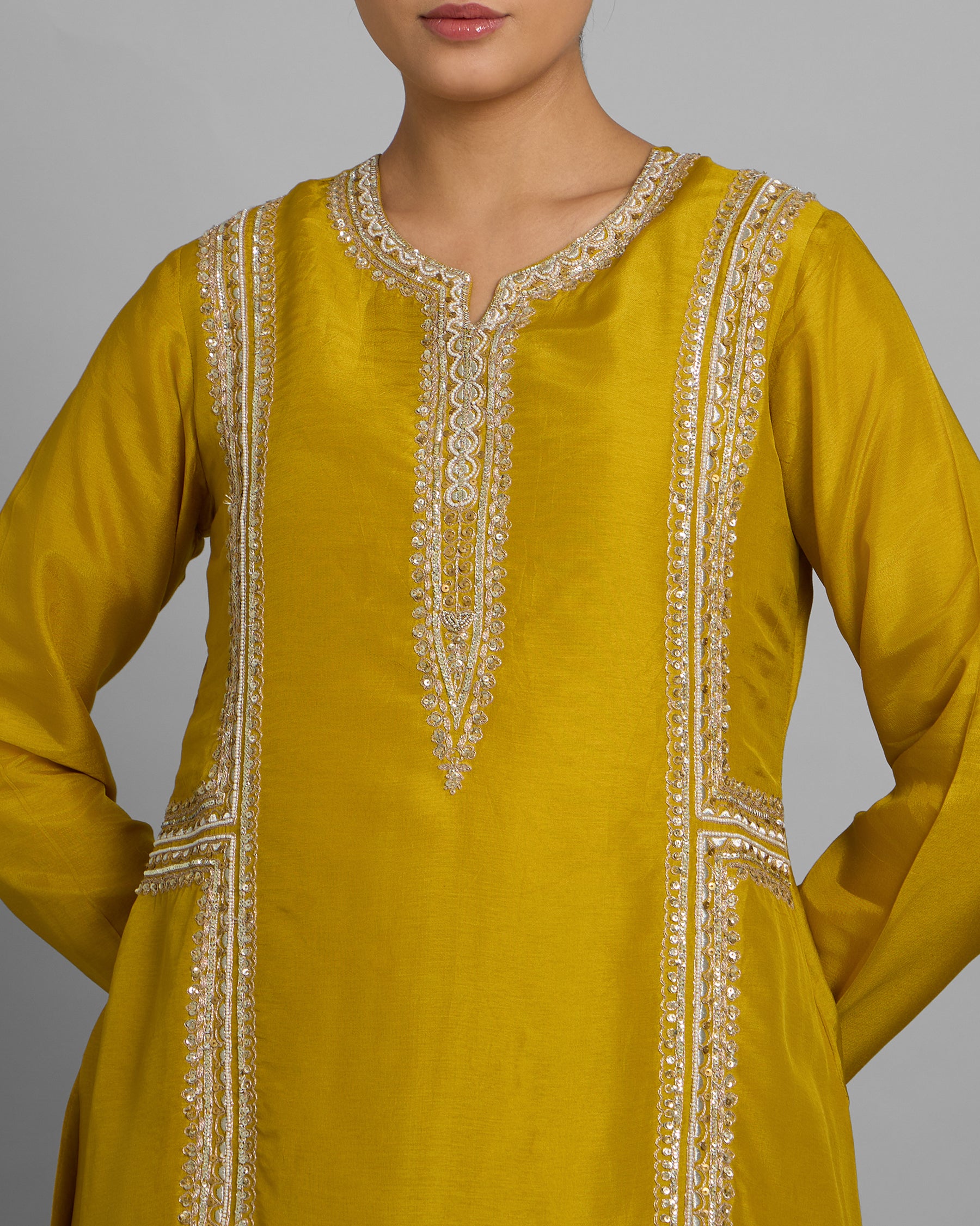 MUSTARD YELLOW EMBROIDERED SILK KURTA GHARARA SET