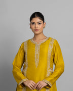 MUSTARD YELLOW EMBROIDERED SILK KURTA GHARARA SET