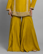 MUSTARD YELLOW EMBROIDERED SILK KURTA GHARARA SET