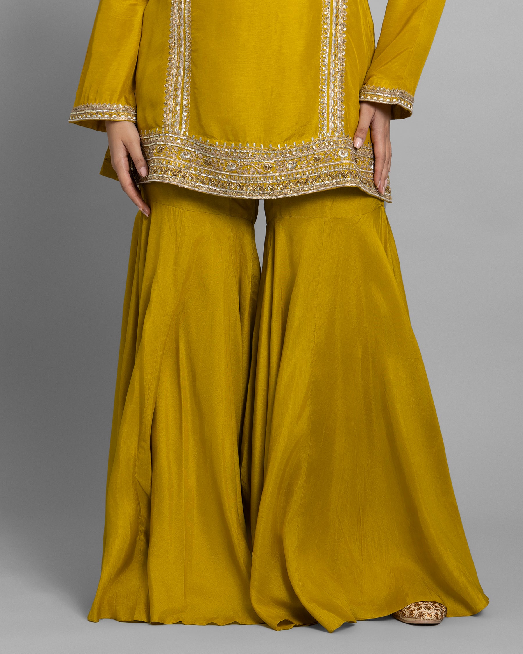 MUSTARD YELLOW EMBROIDERED SILK KURTA GHARARA SET