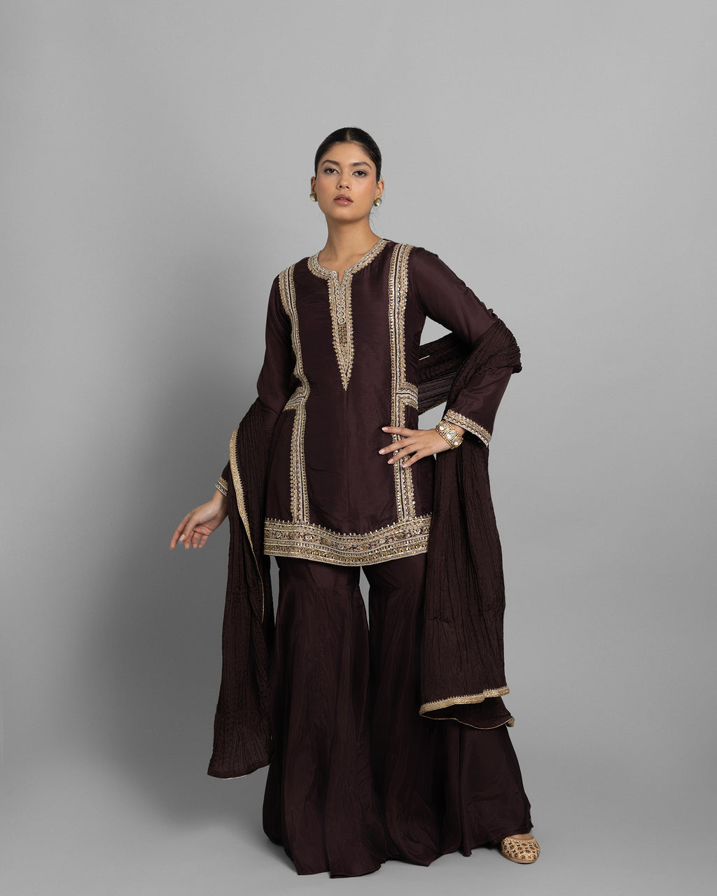 CHESTNUT BROWN SILK KURTA & GHARARA SET