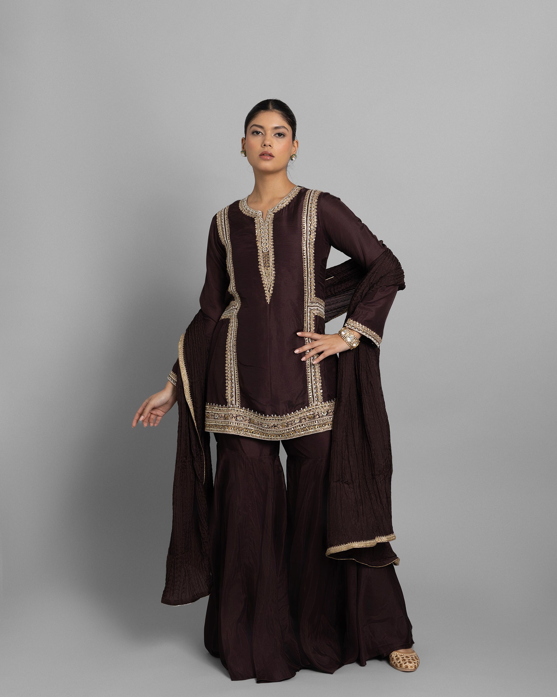 CHESTNUT BROWN SILK KURTA & PALAZZO SET