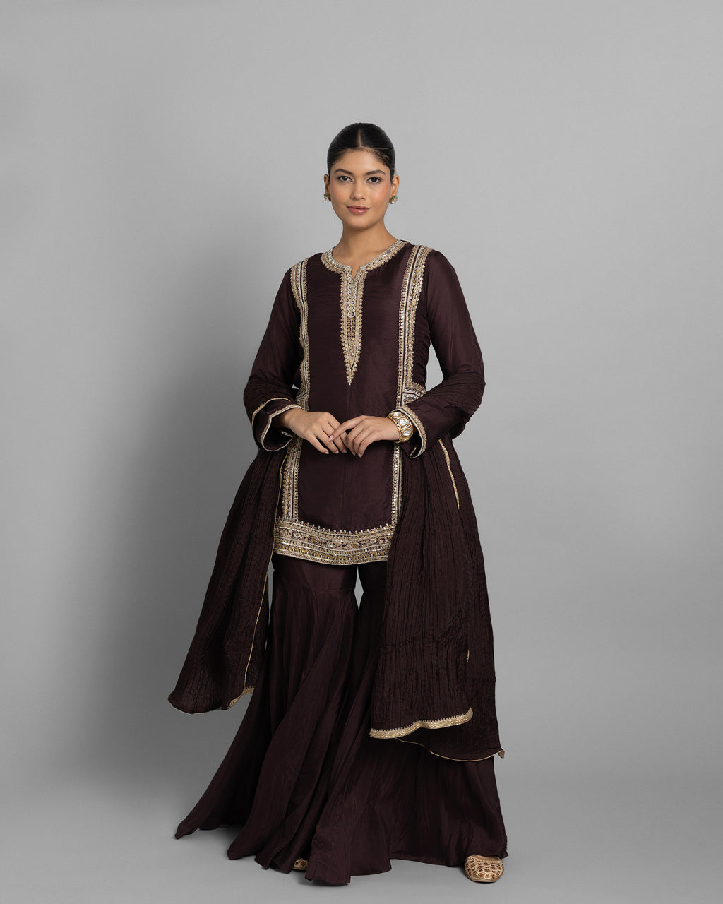 CHESTNUT BROWN SILK KURTA & GHARARA SET