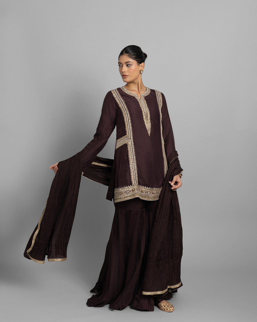 CHESTNUT BROWN SILK KURTA & GHARARA SET