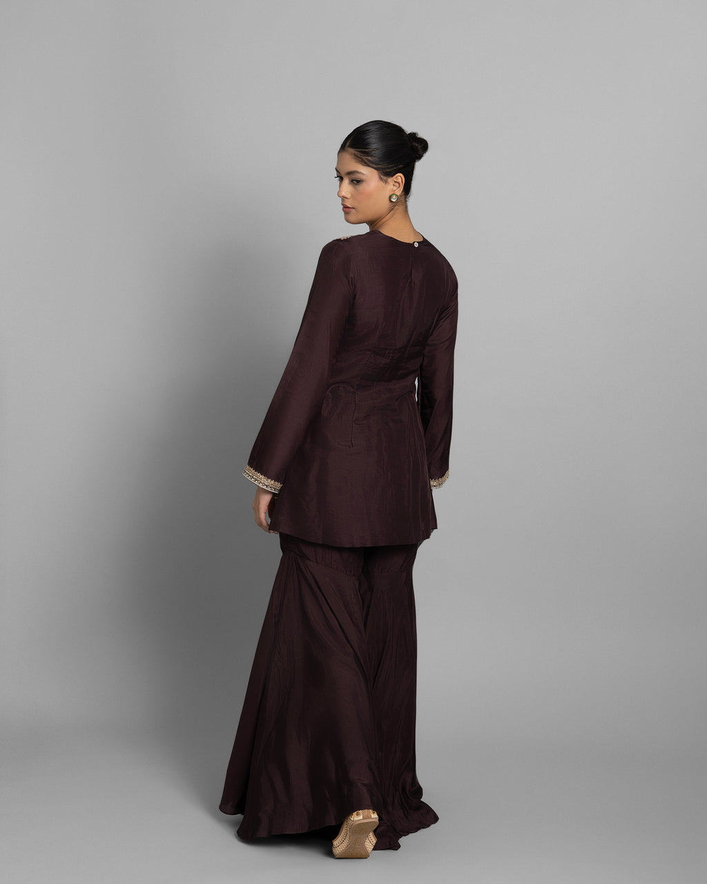CHESTNUT BROWN SILK KURTA & GHARARA SET