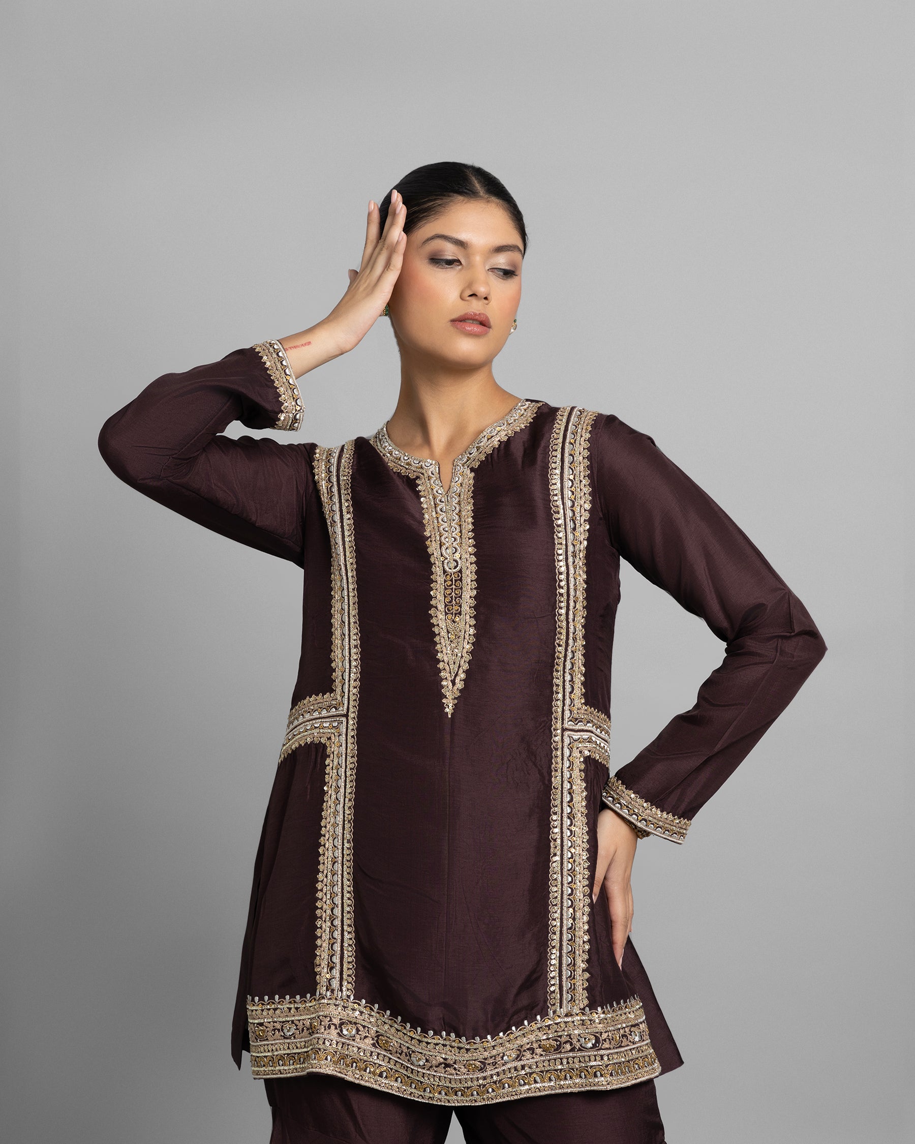 CHESTNUT BROWN SILK KURTA & PALAZZO SET