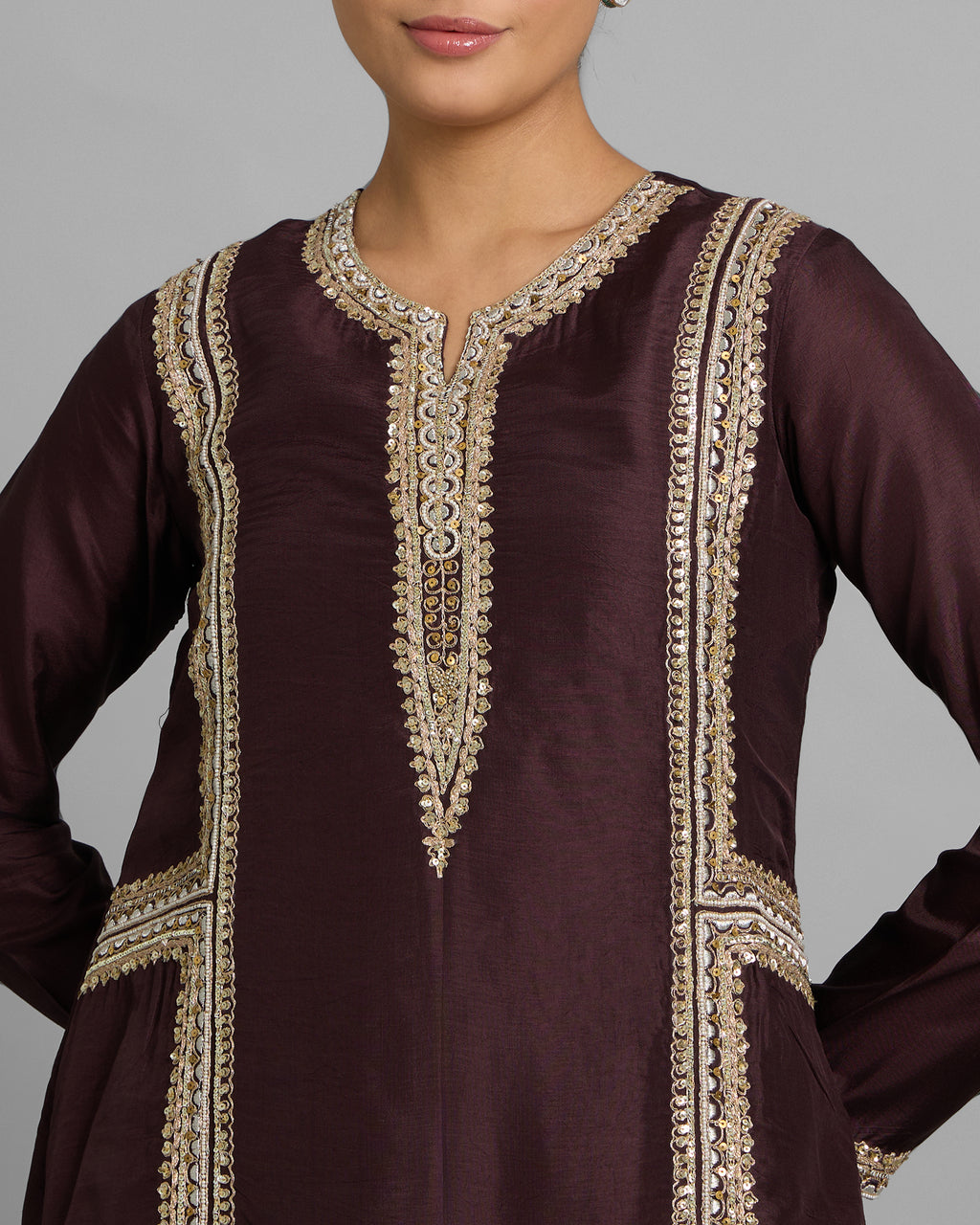 CHESTNUT BROWN SILK KURTA & GHARARA SET