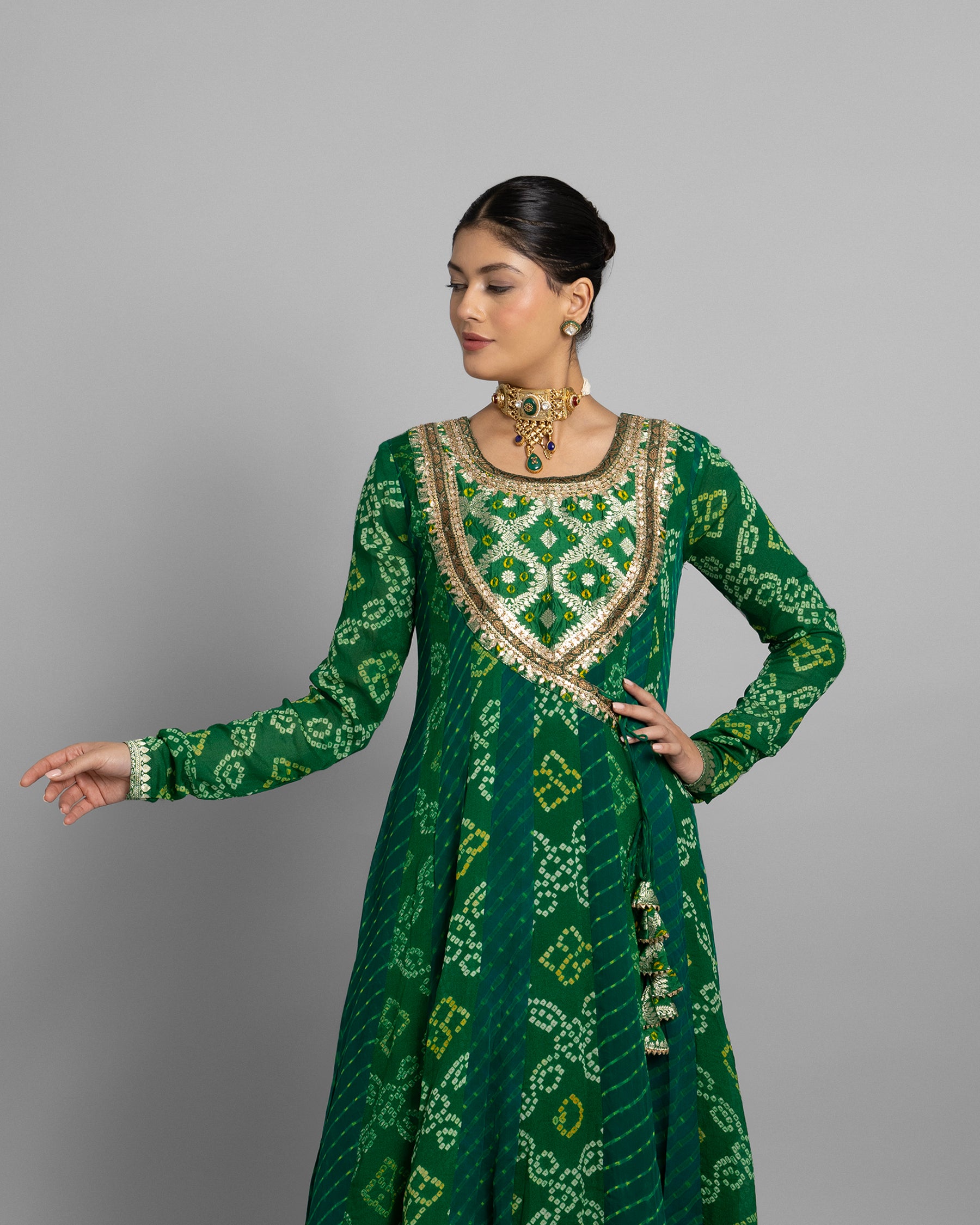 EMERALD GREEN BANARASI BANDHEJ ANGARAKHA ANARKALI ENSEMBLE