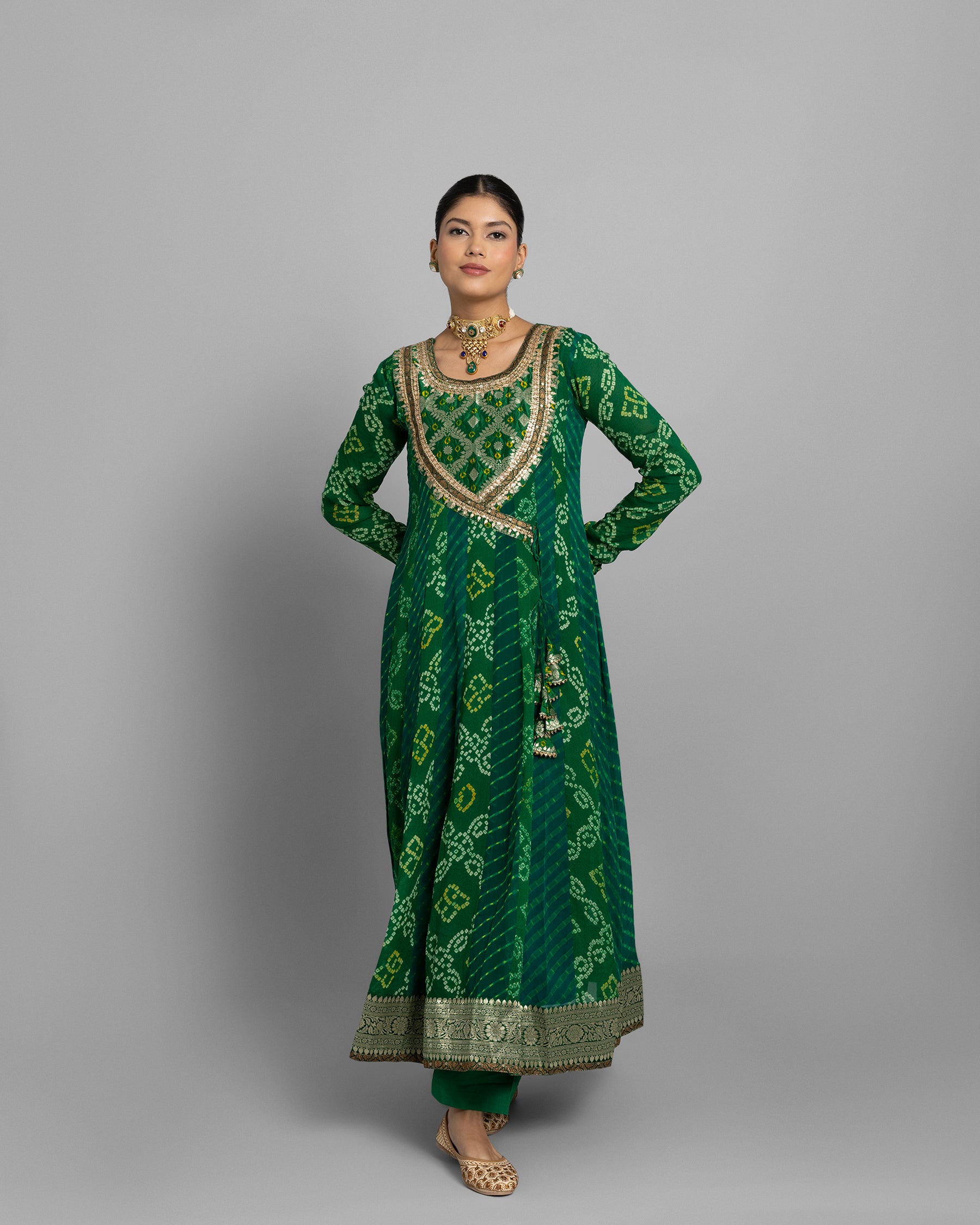 EMERALD GREEN BANARASI BANDHEJ ANGARAKHA ANARKALI ENSEMBLE