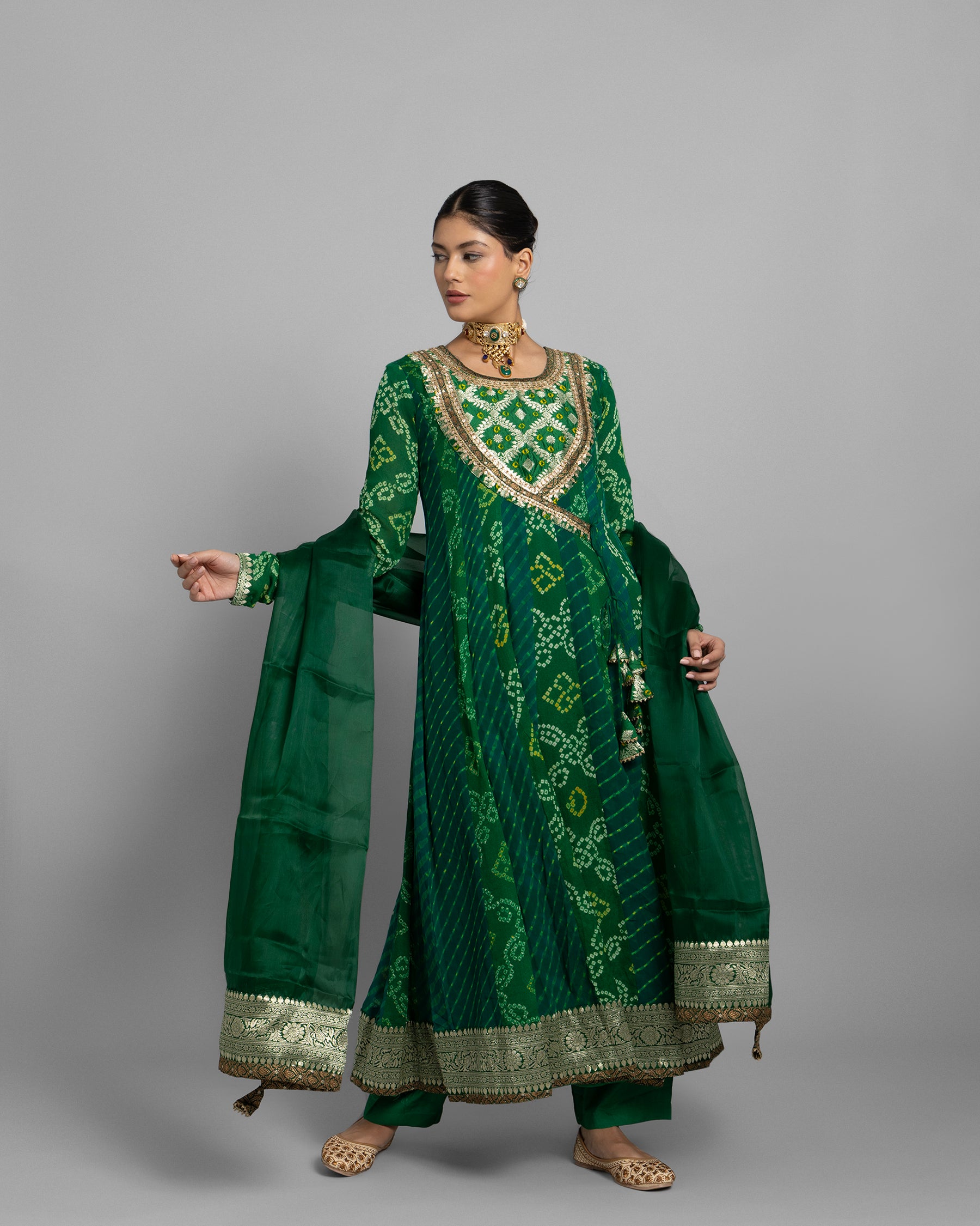 EMERALD GREEN BANARASI BANDHEJ ANGARAKHA ANARKALI ENSEMBLE