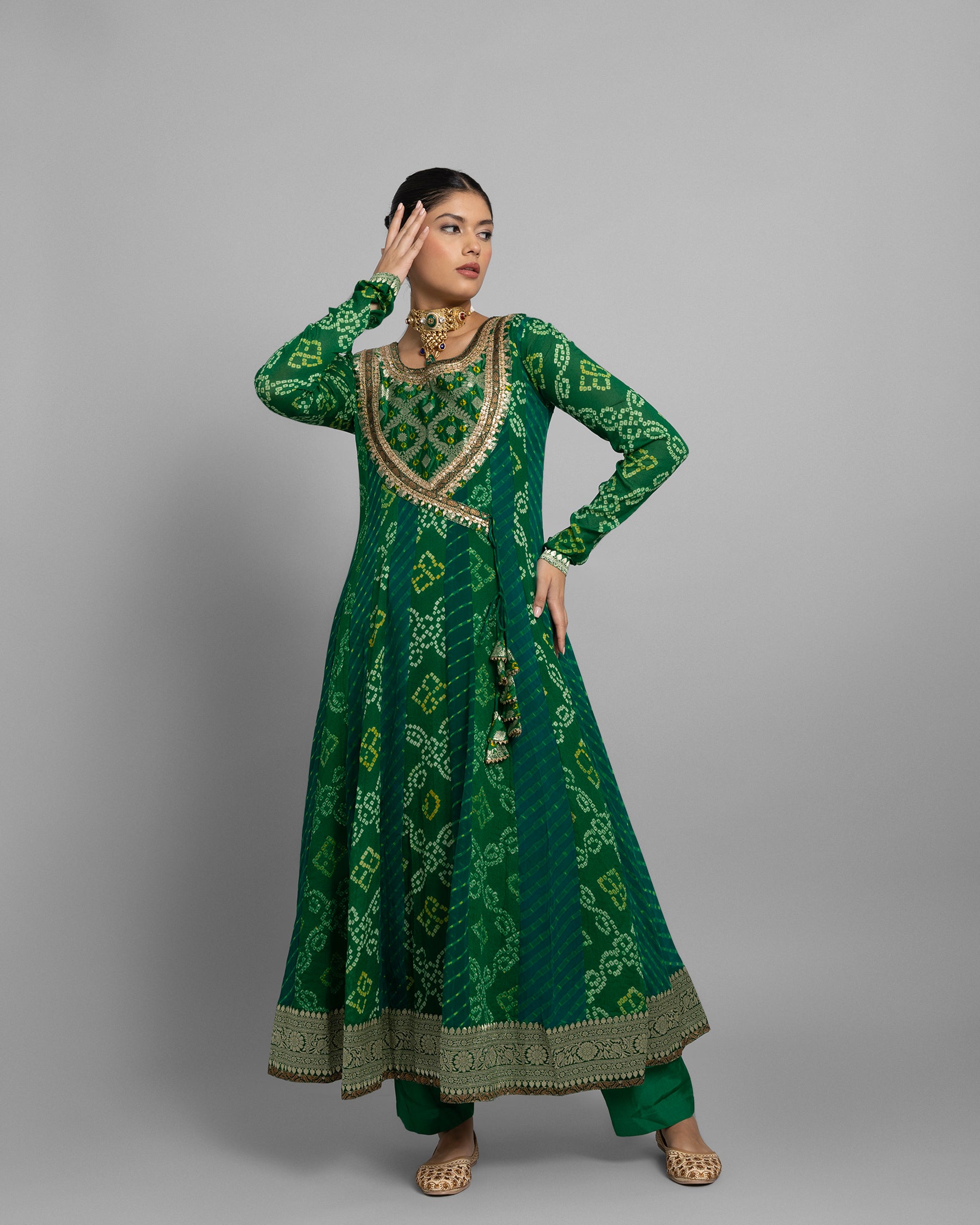 EMERALD GREEN BANARASI BANDHEJ ANGARAKHA ANARKALI ENSEMBLE