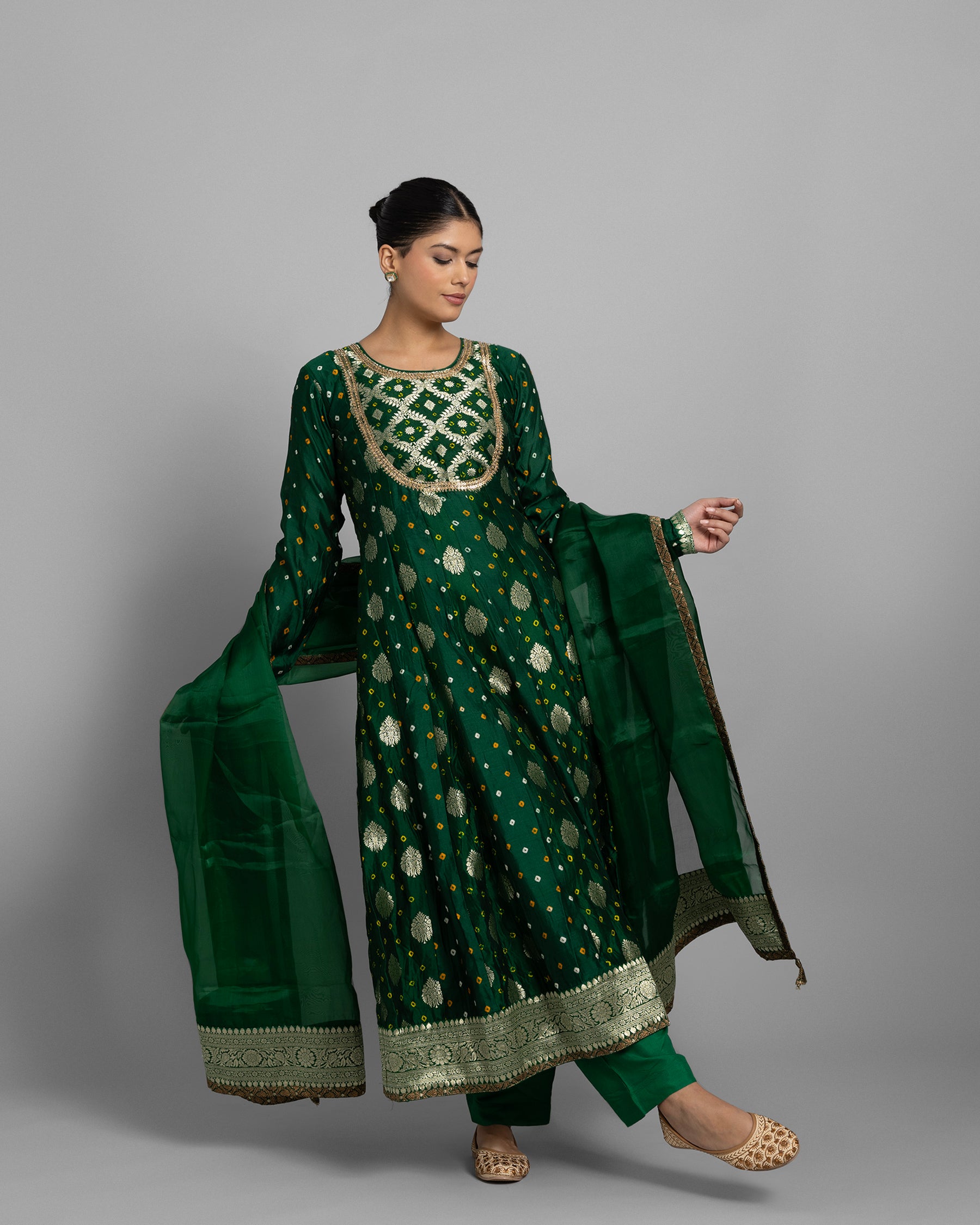 EMERALD GREEN BANARASI BANDHEJ ANARKALI SET