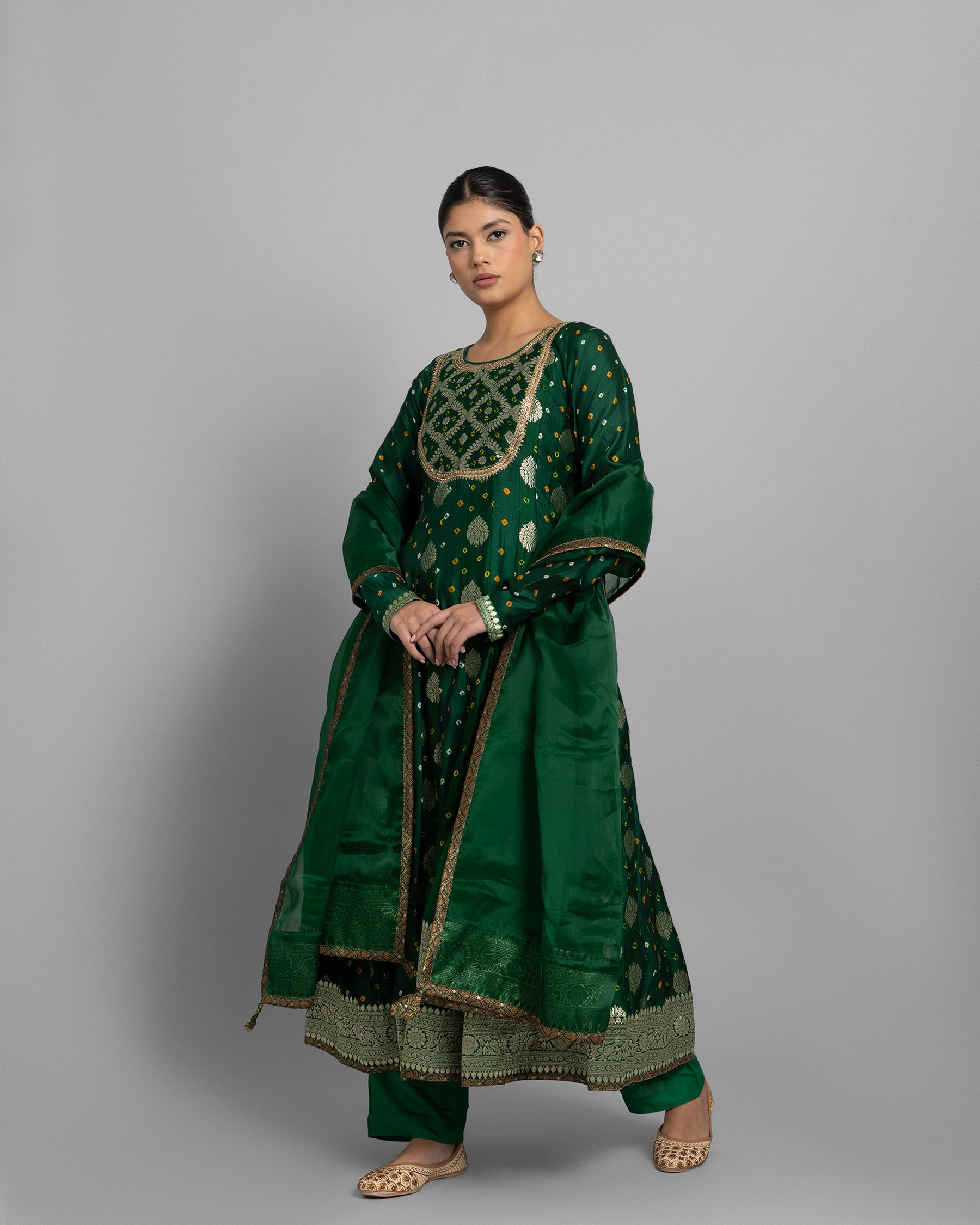 EMERALD GREEN BANARASI BANDHEJ ANARKALI SET