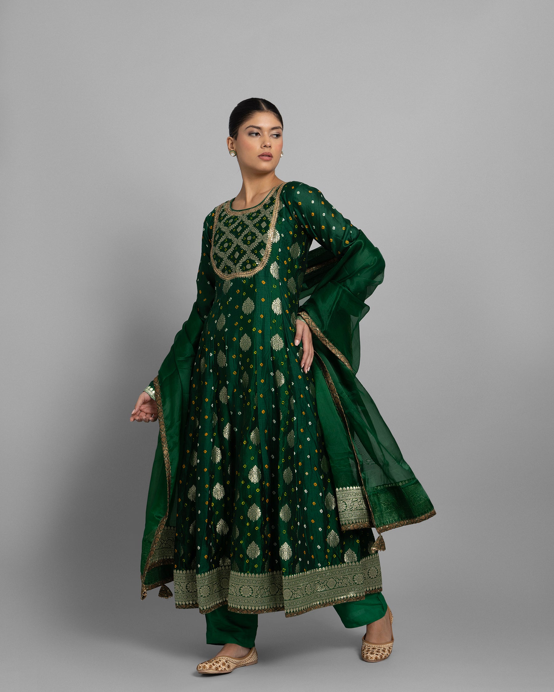 EMERALD GREEN BANARASI BANDHEJ ANARKALI SET
