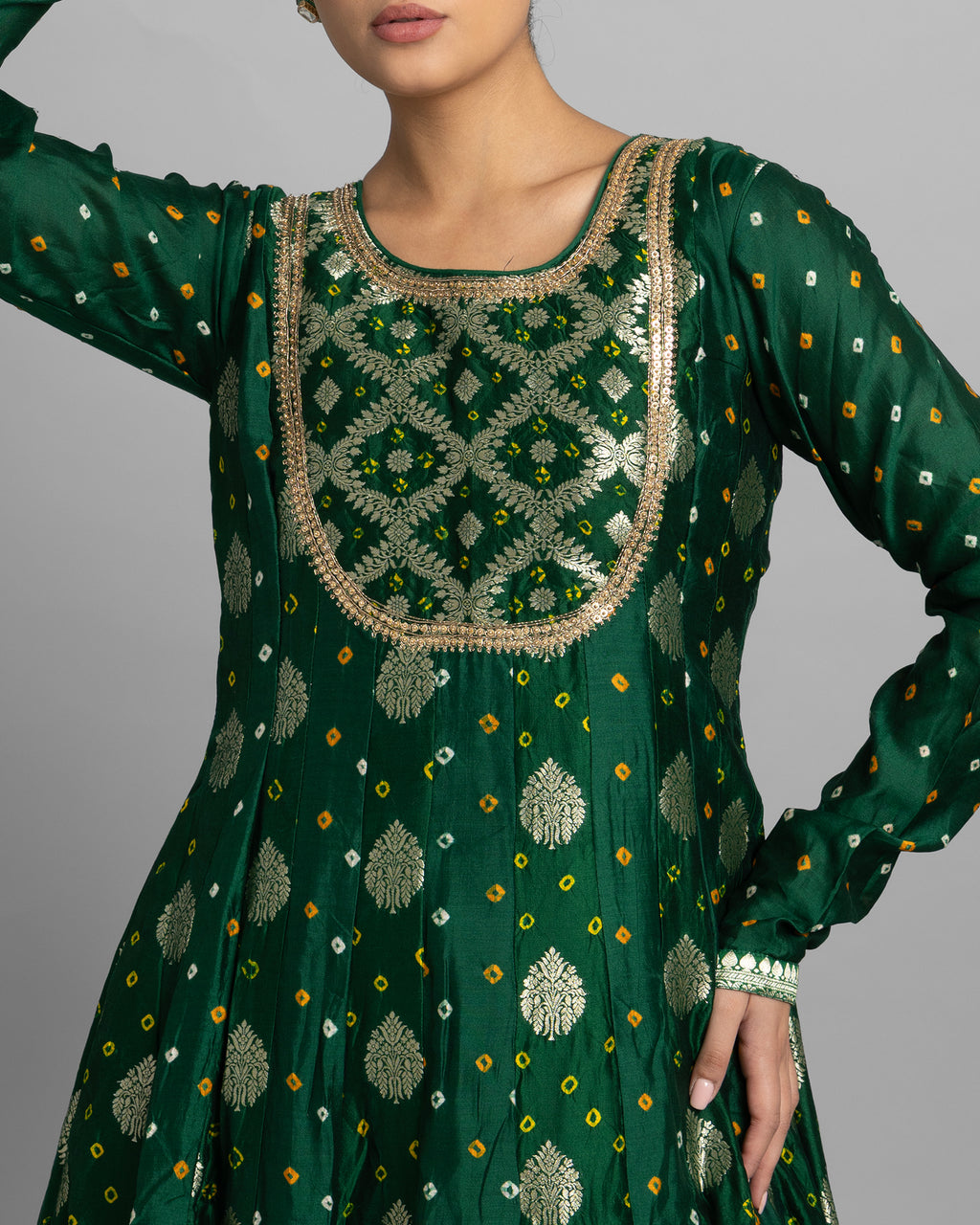 EMERALD GREEN BANARASI BANDHEJ ANARKALI SET
