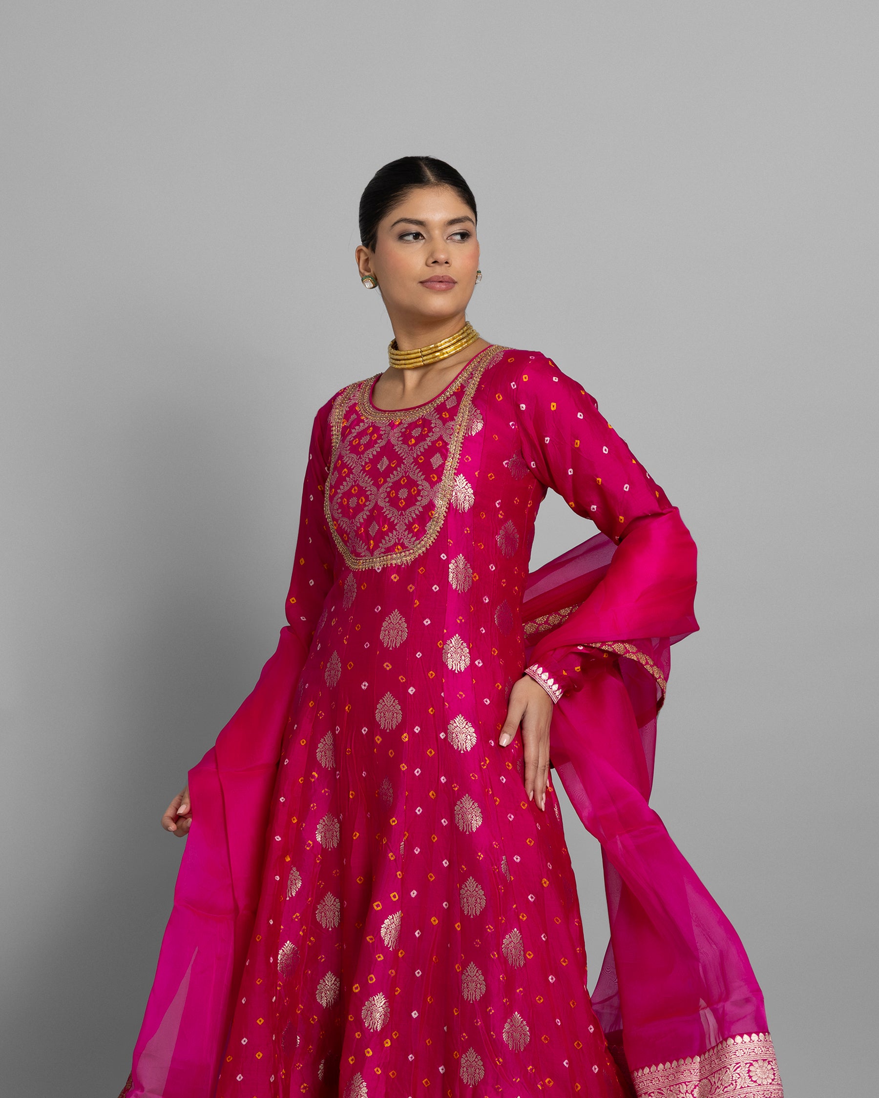 FUSCHIA BANARASI BANDHEJ ANARKALI SET