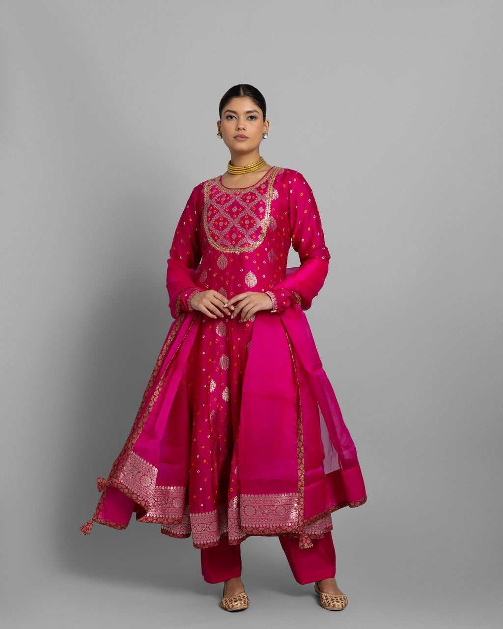 FUSCHIA BANARASI BANDHEJ ANARKALI SET