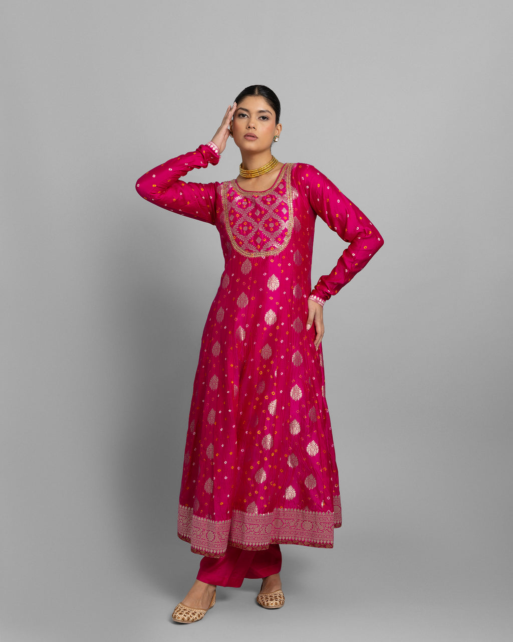 FUSCHIA BANARASI BANDHEJ ANARKALI SET