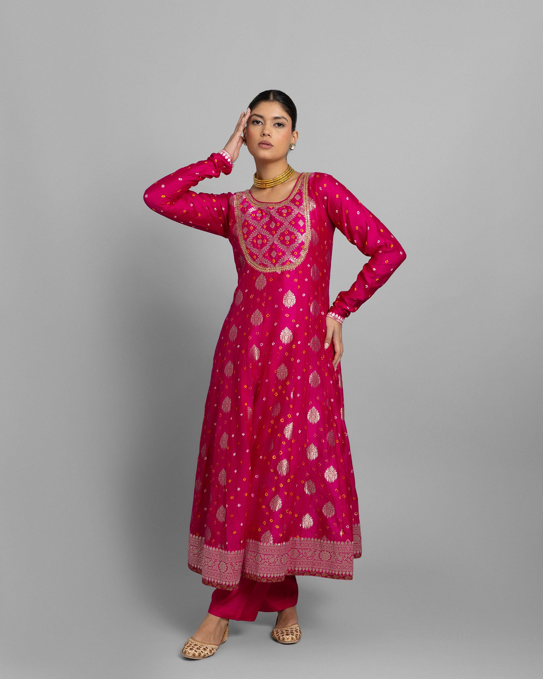 FUSCHIA BANARASI BANDHEJ ANARKALI SET