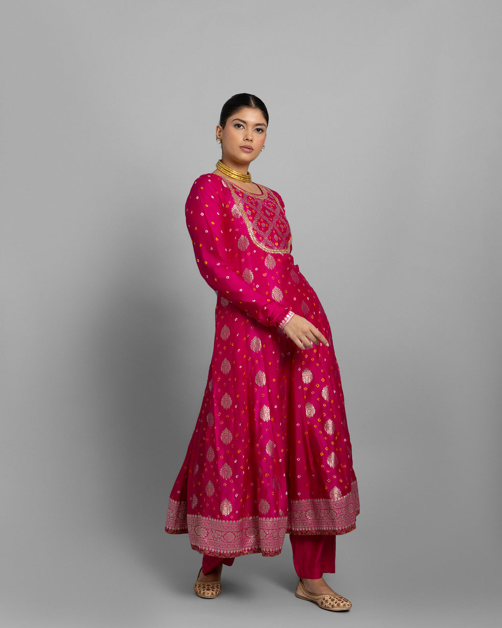 FUSCHIA BANARASI BANDHEJ ANARKALI SET