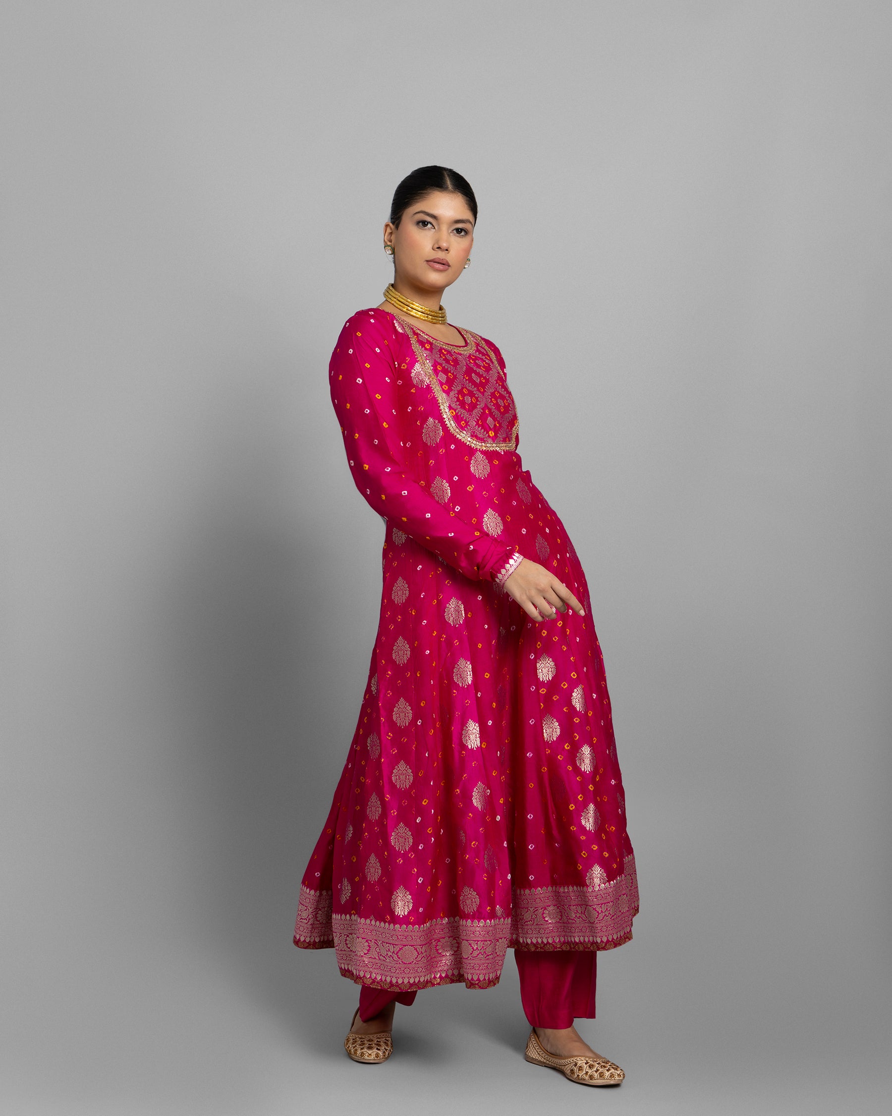 FUSCHIA BANARASI BANDHEJ ANARKALI SET