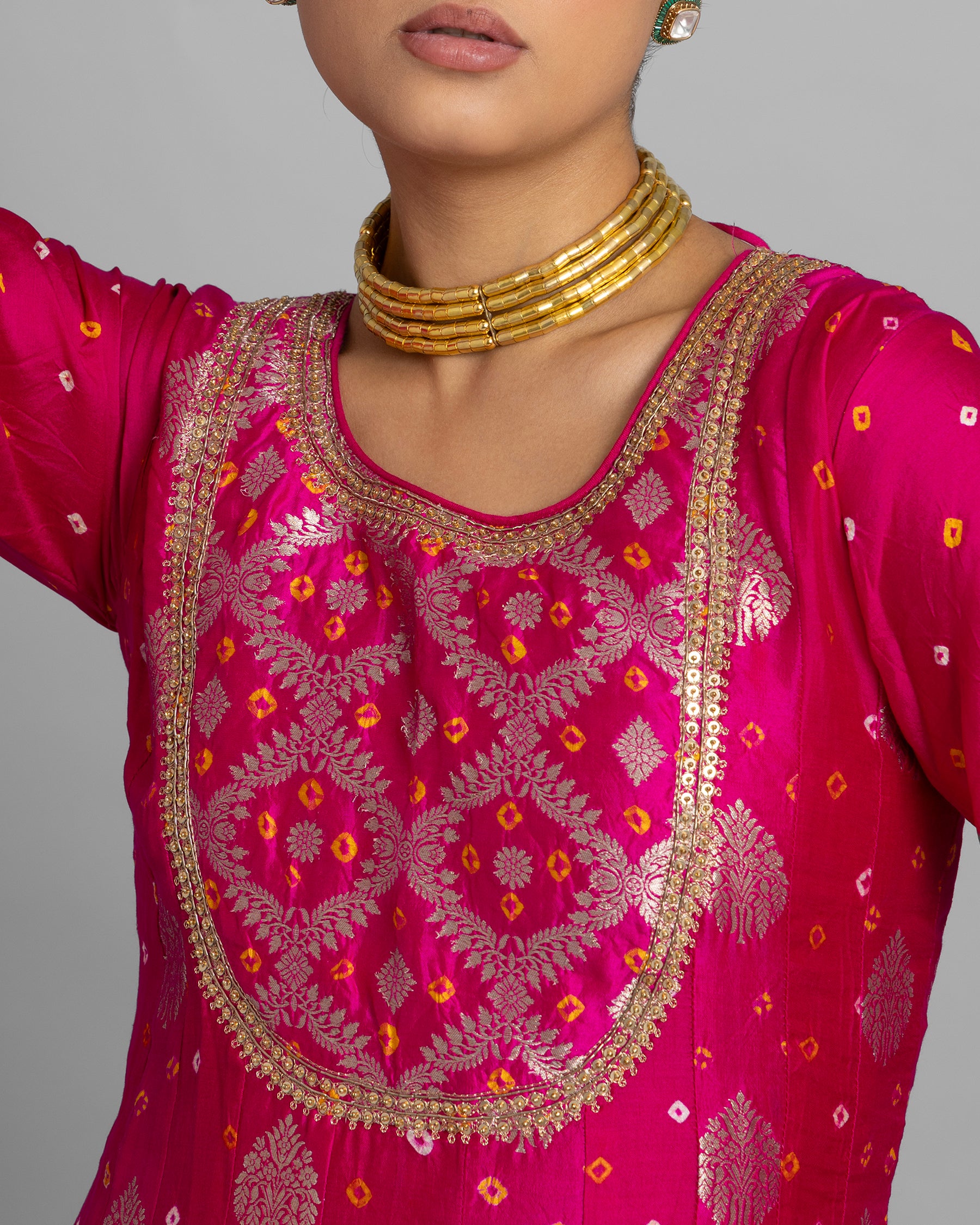 FUSCHIA BANARASI BANDHEJ ANARKALI SET