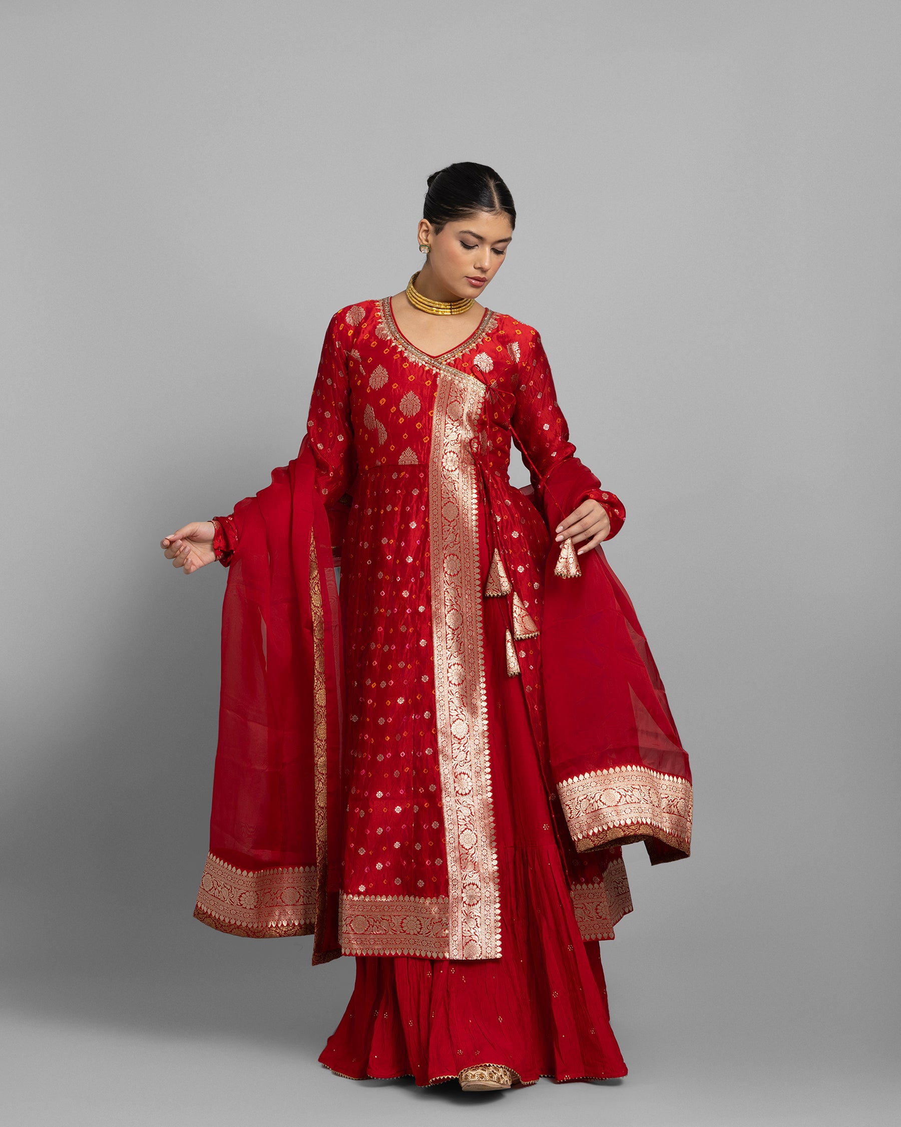 CRIMSON BANARASI BANDHEJ ANGARAKHA ENSEMBLE