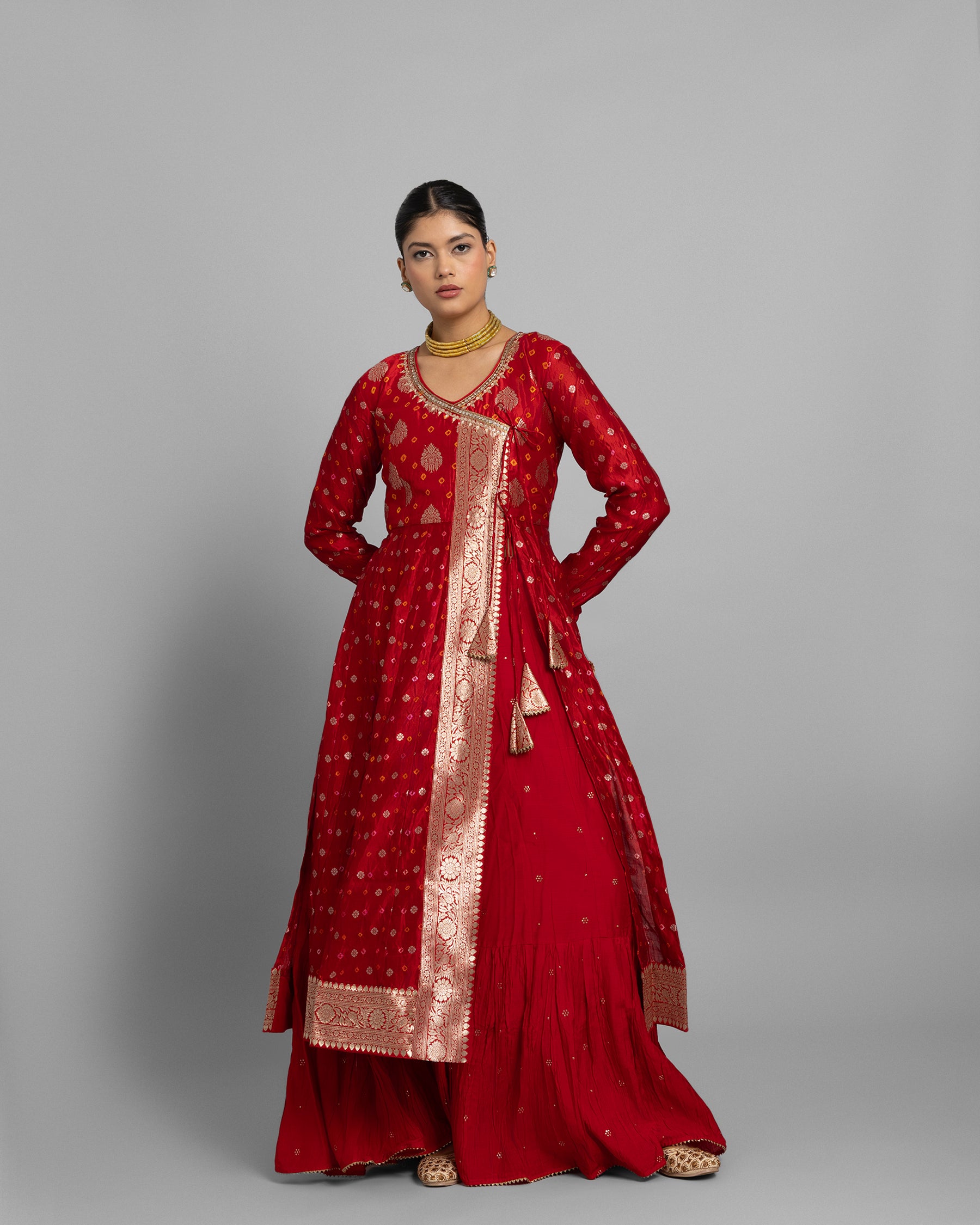 CRIMSON BANARASI BANDHEJ ANGARAKHA ENSEMBLE