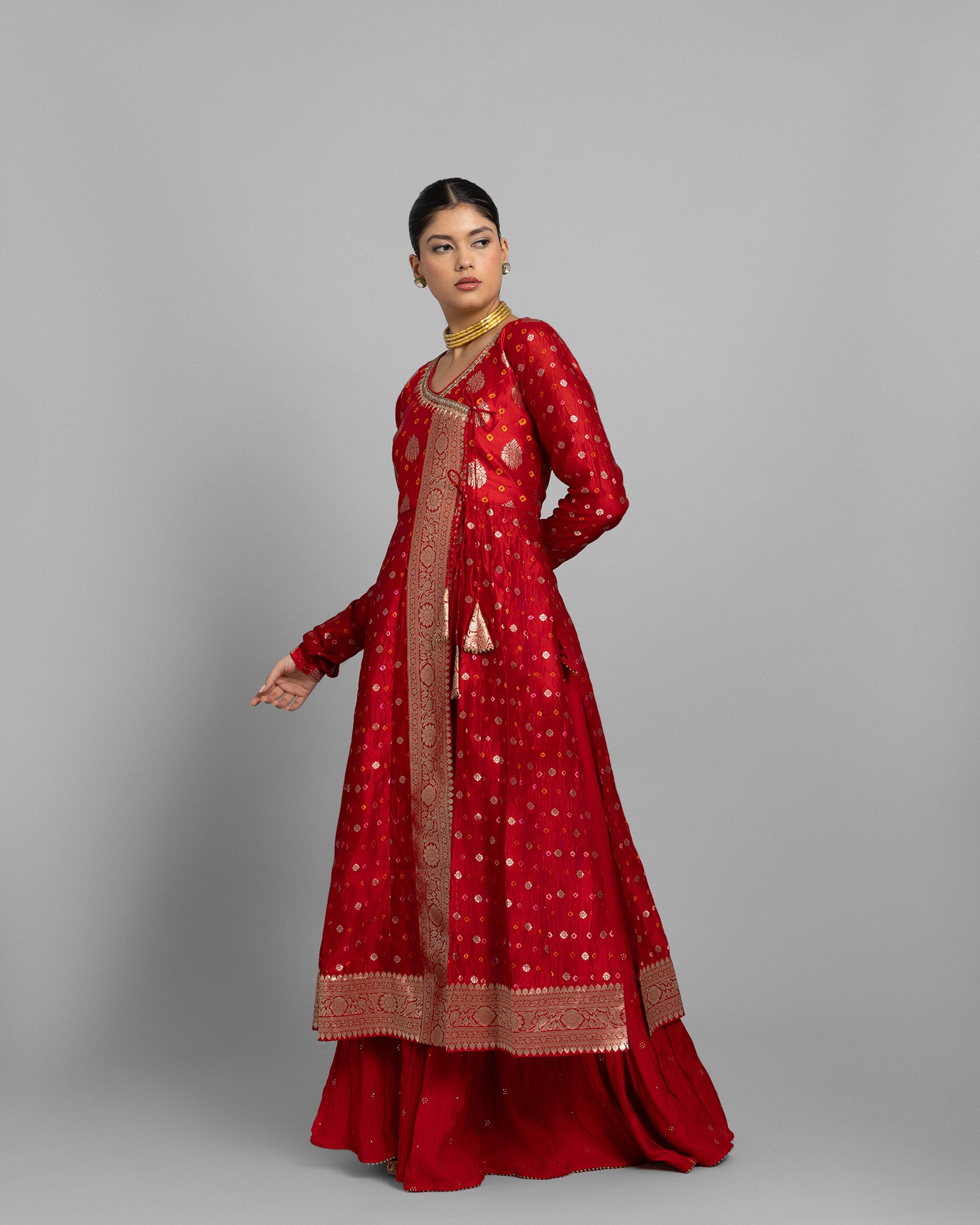 CRIMSON BANARASI BANDHEJ ANGARAKHA ENSEMBLE