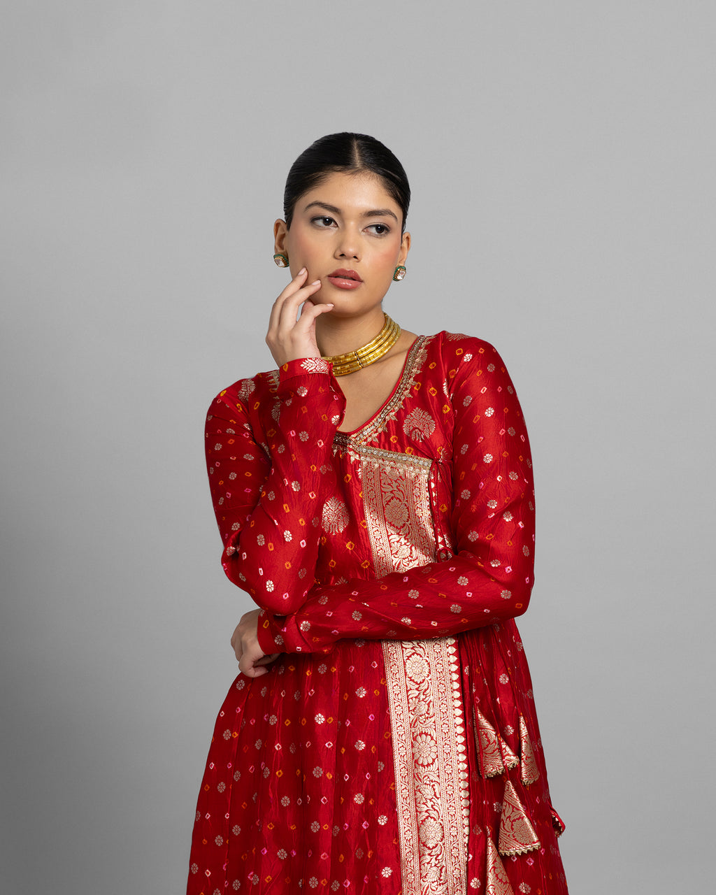 CRIMSON BANARASI BANDHEJ ANGARAKHA ENSEMBLE