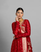CRIMSON BANARASI BANDHEJ ANGARAKHA ENSEMBLE