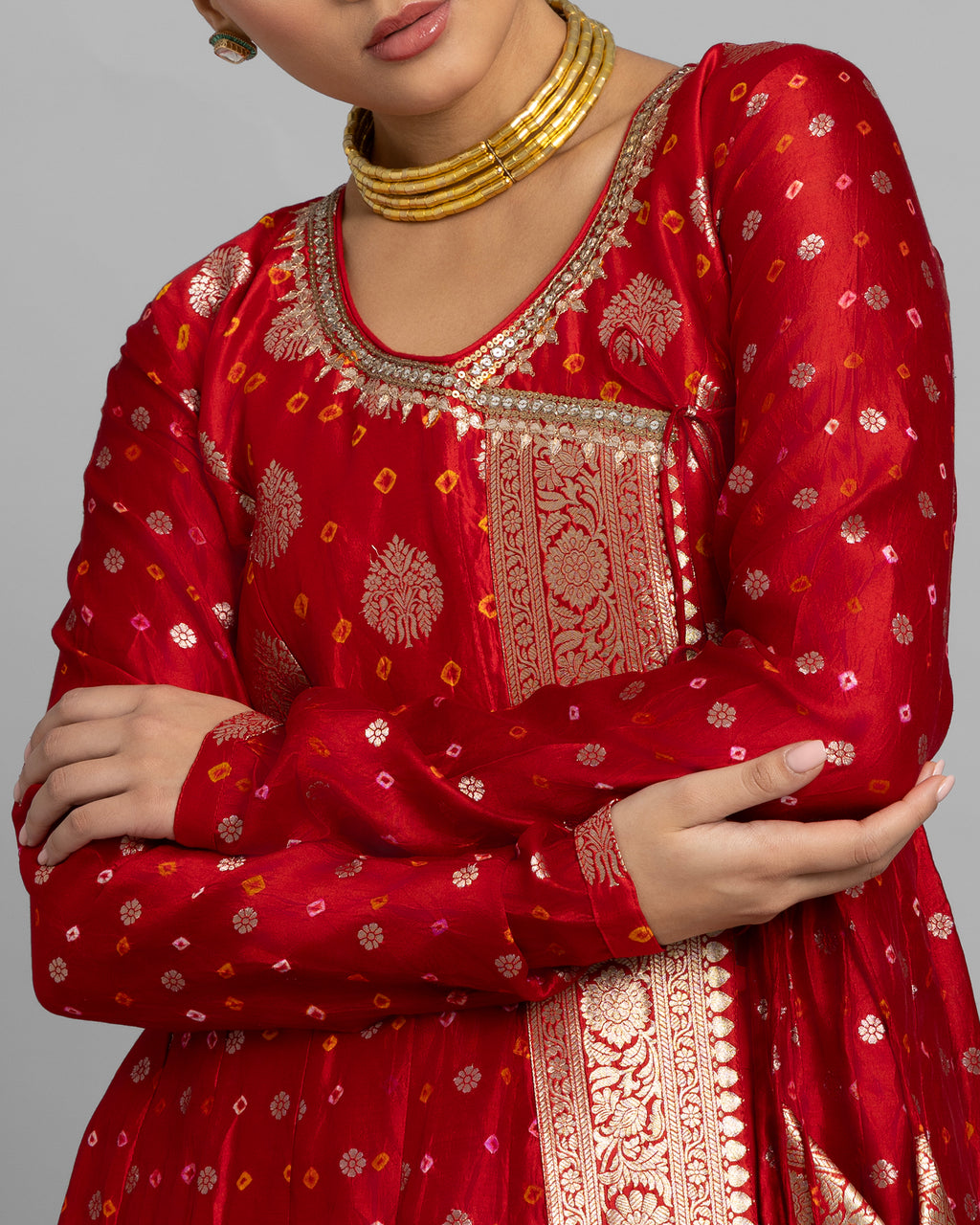 CRIMSON BANARASI BANDHEJ ANGARAKHA ENSEMBLE