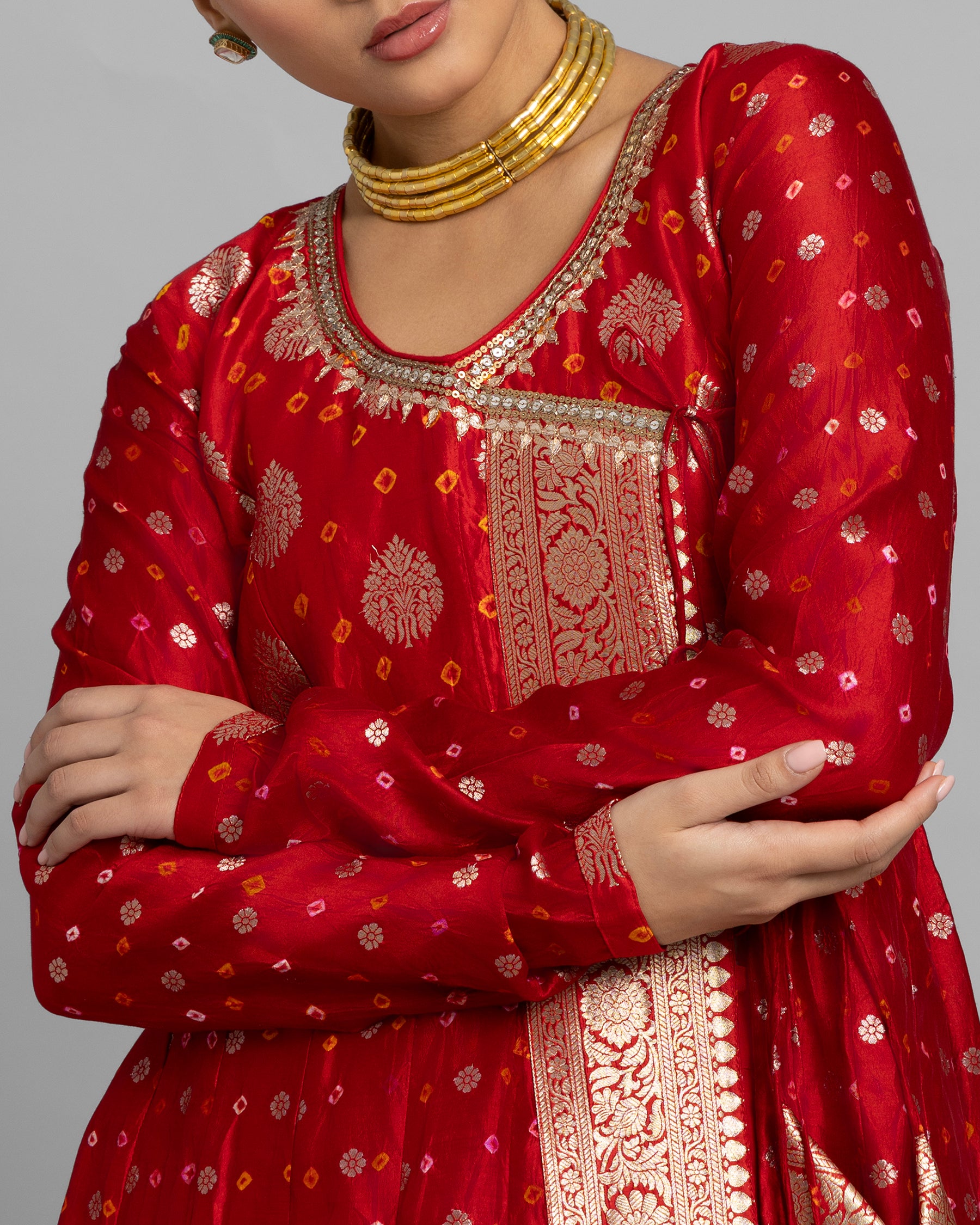 CRIMSON BANARASI BANDHEJ ANGARAKHA ENSEMBLE