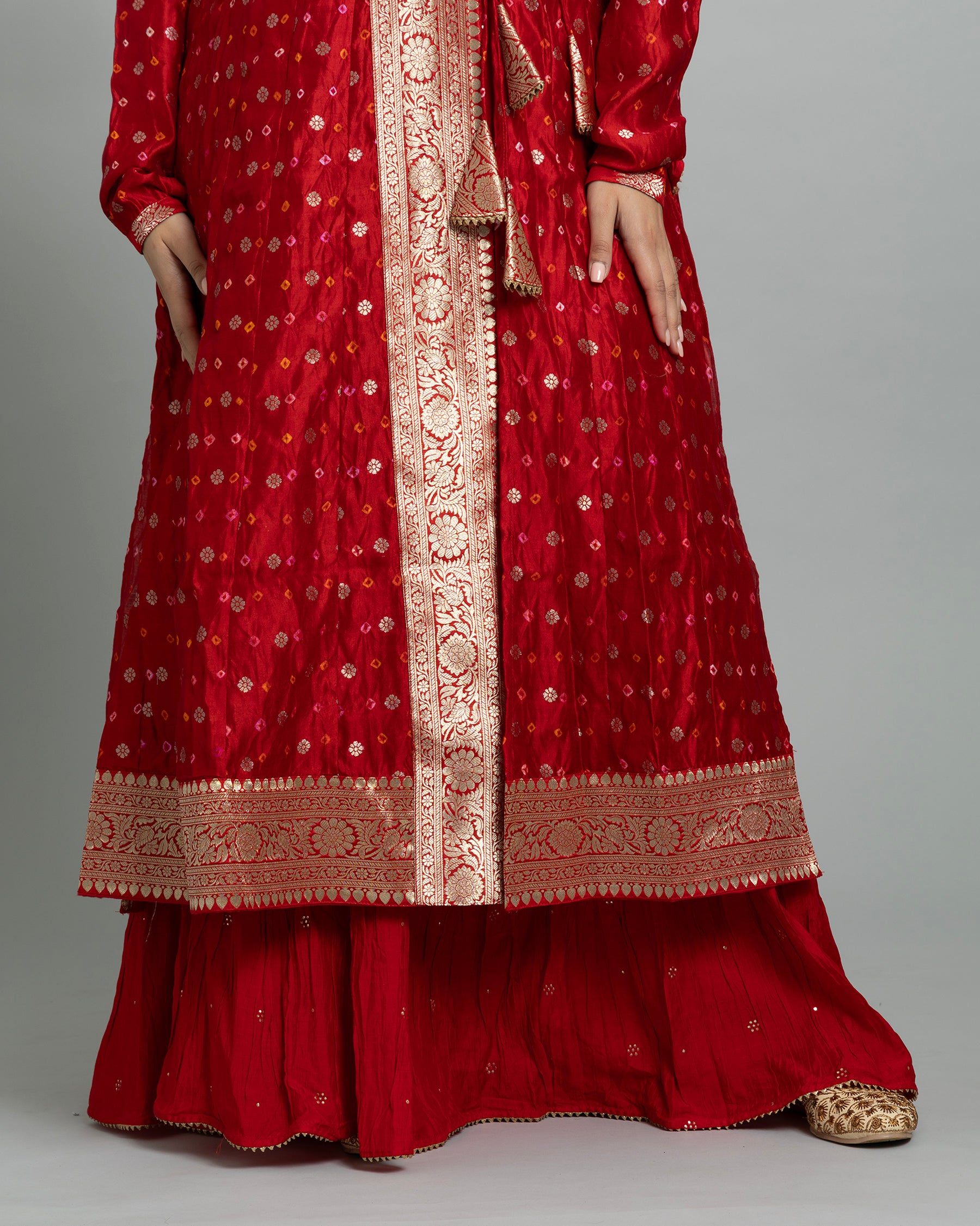 CRIMSON BANARASI BANDHEJ ANGARAKHA ENSEMBLE