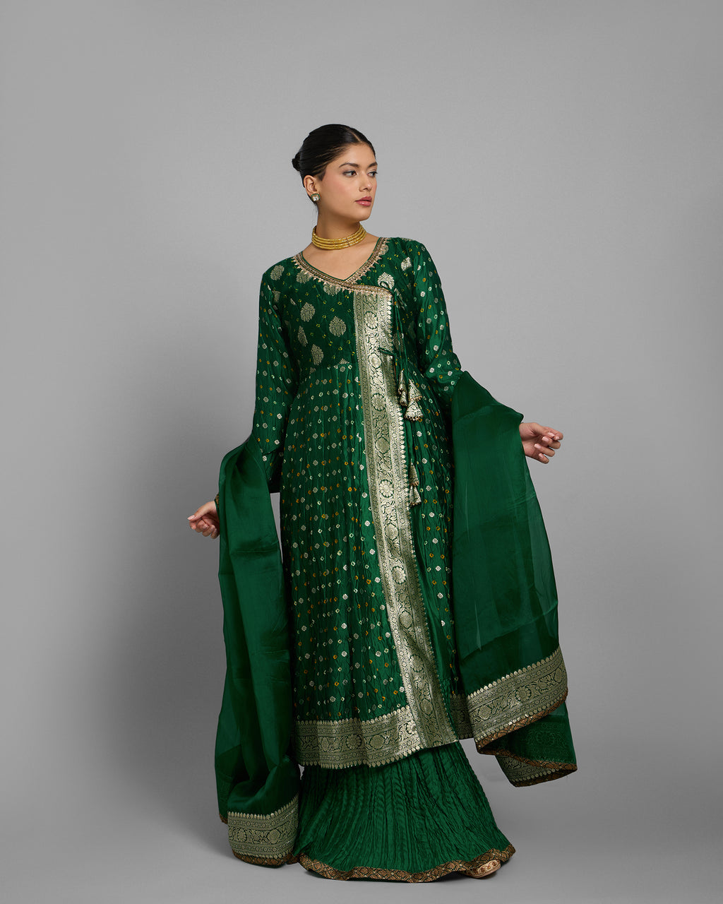 EMERALD GREEN BANARASI BANDHEJ ANGARAKHA ENSEMBLE