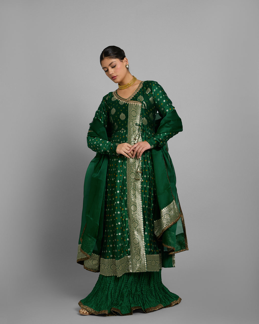 EMERALD GREEN BANARASI BANDHEJ ANGARAKHA ENSEMBLE