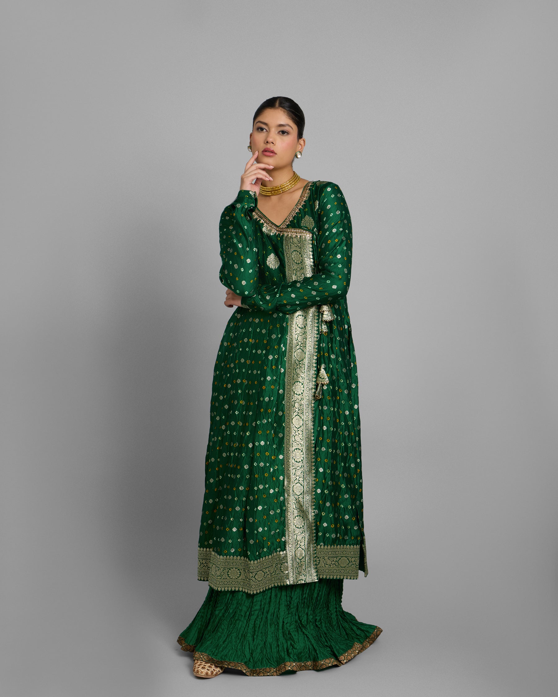 EMERALD GREEN BANARASI BANDHEJ ANGARAKHA ENSEMBLE