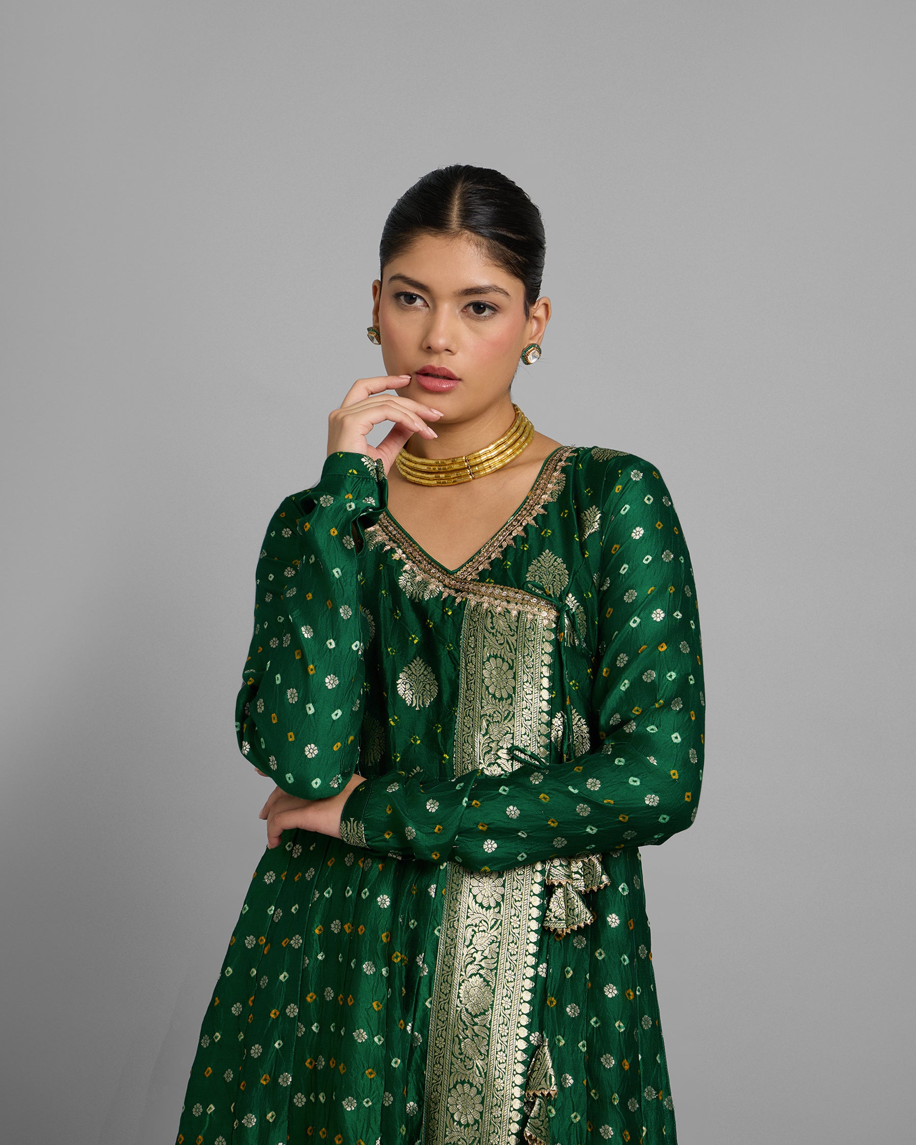 EMERALD GREEN BANARASI BANDHEJ ANGARAKHA ENSEMBLE