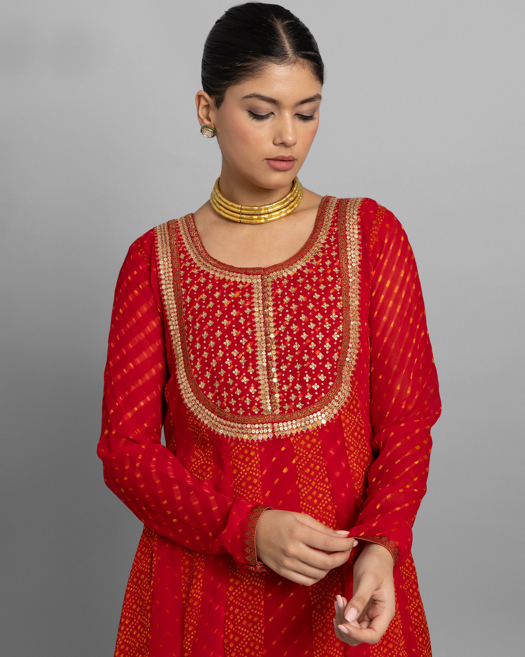 RED CHIFFON GEORGETTE ANARKALI ENSEMBLE