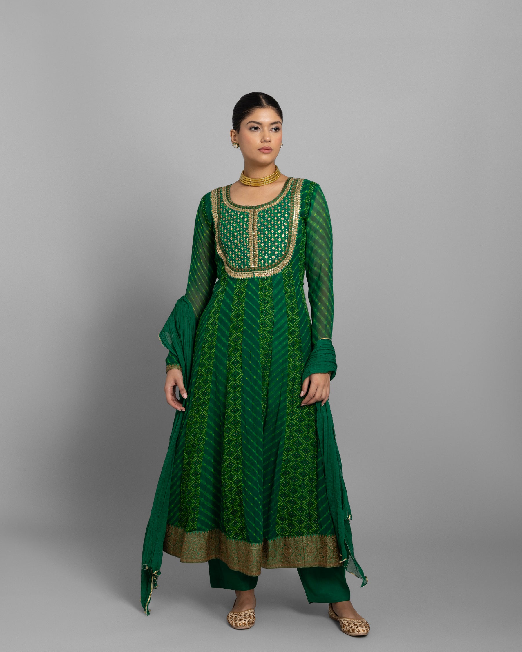 EMERALD GREEN CHIFFON GEORGETTE ANARKALI ENSEMBLE