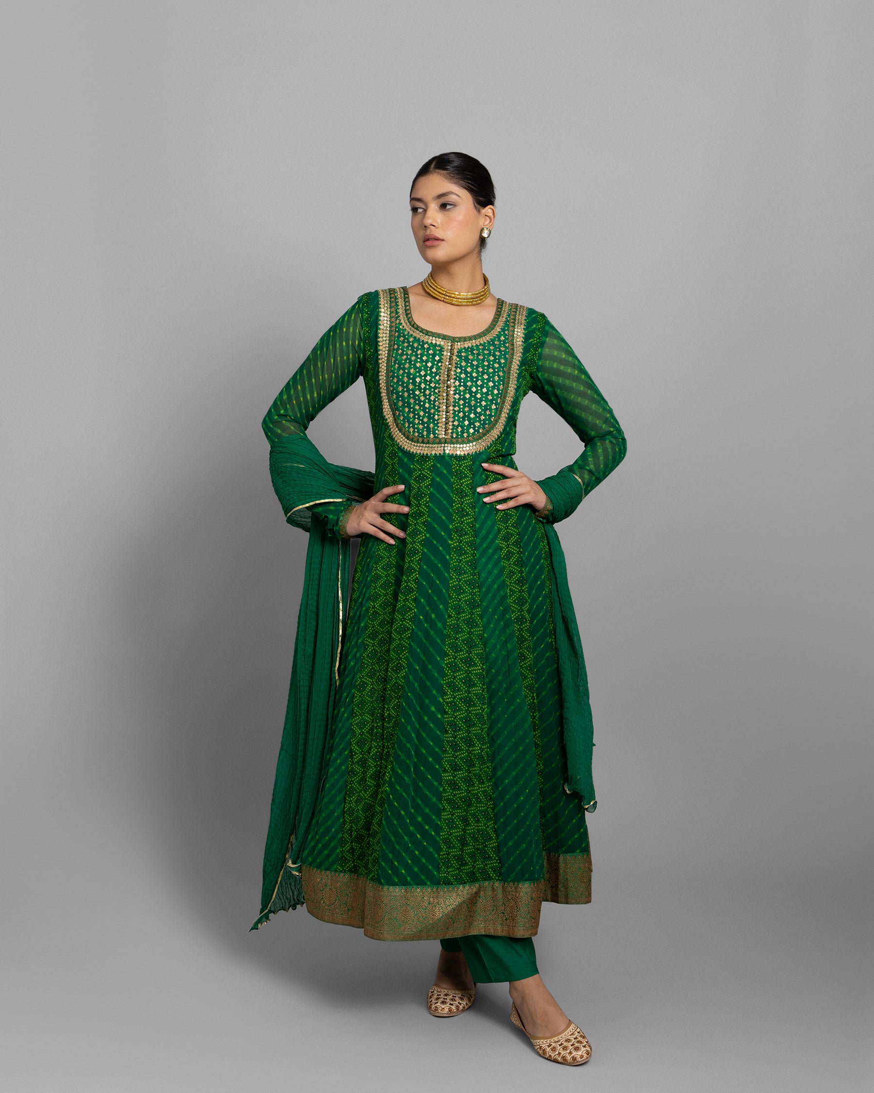 EMERALD GREEN CHIFFON GEORGETTE ANARKALI ENSEMBLE