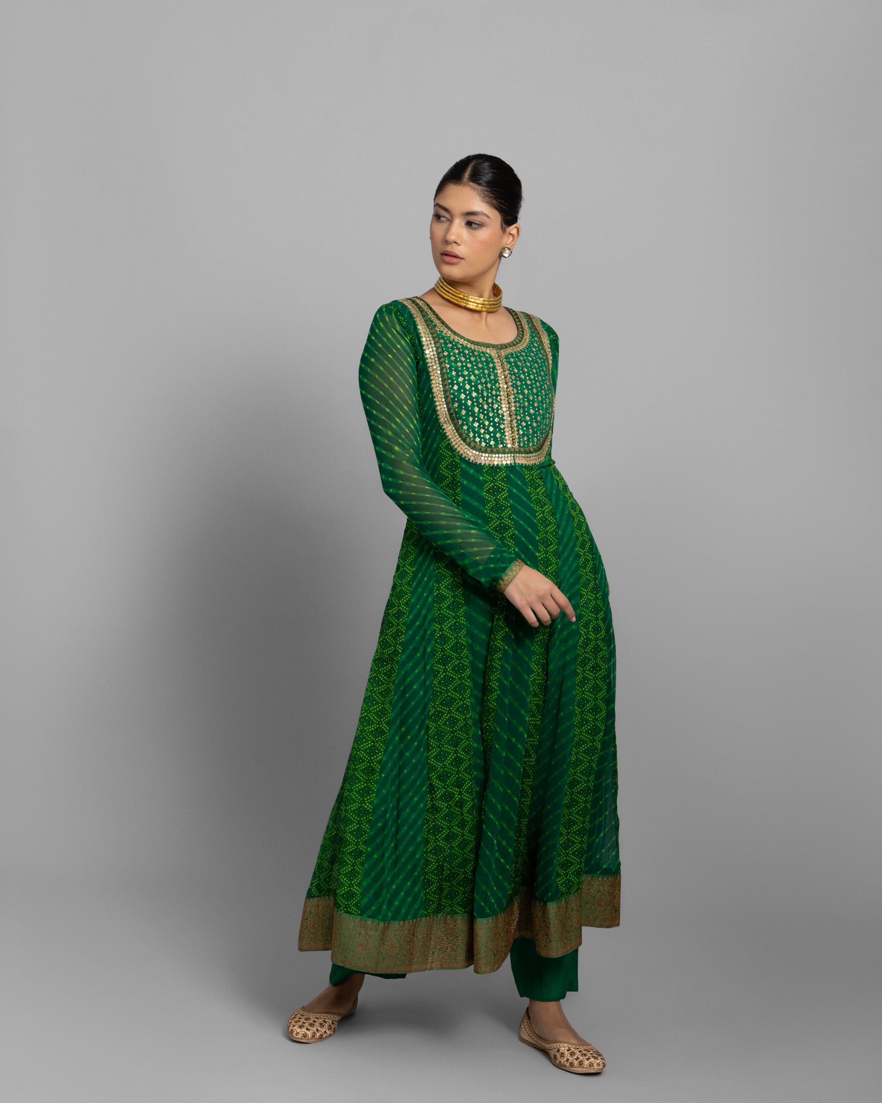 EMERALD GREEN CHIFFON GEORGETTE ANARKALI ENSEMBLE