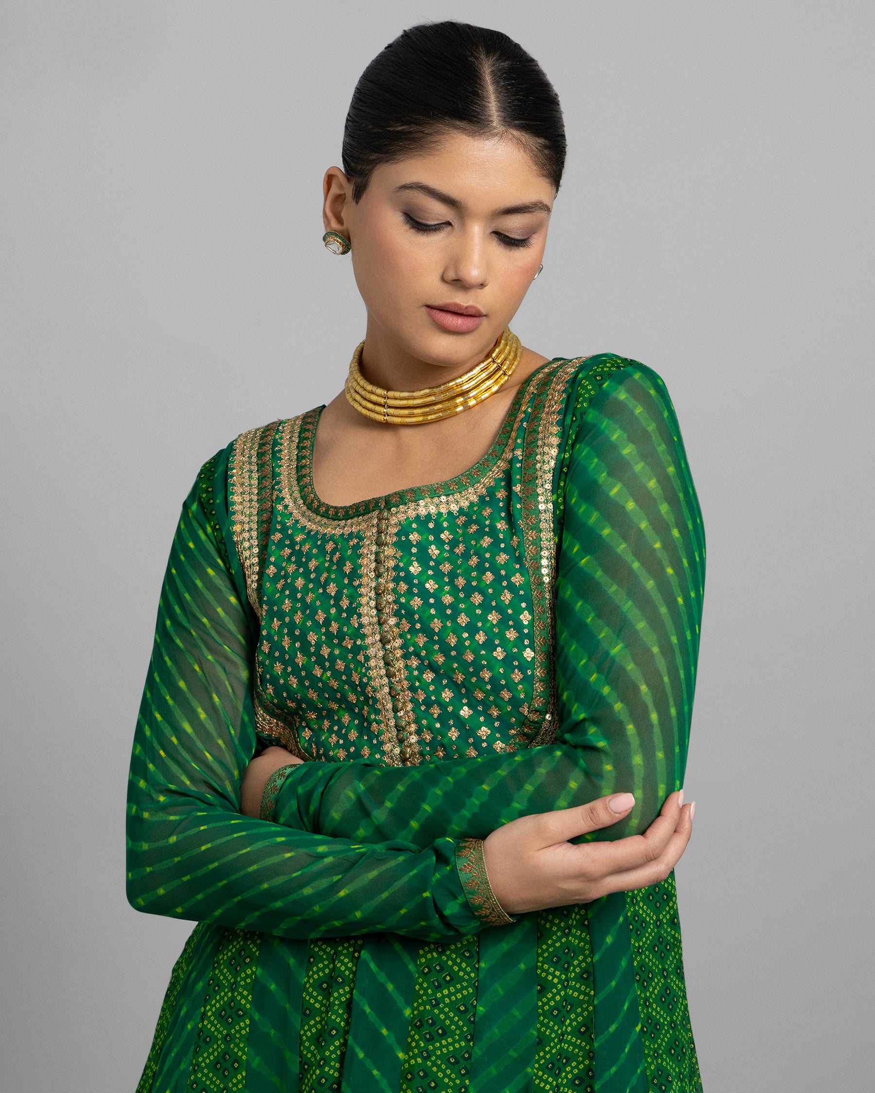 EMERALD GREEN CHIFFON GEORGETTE ANARKALI ENSEMBLE