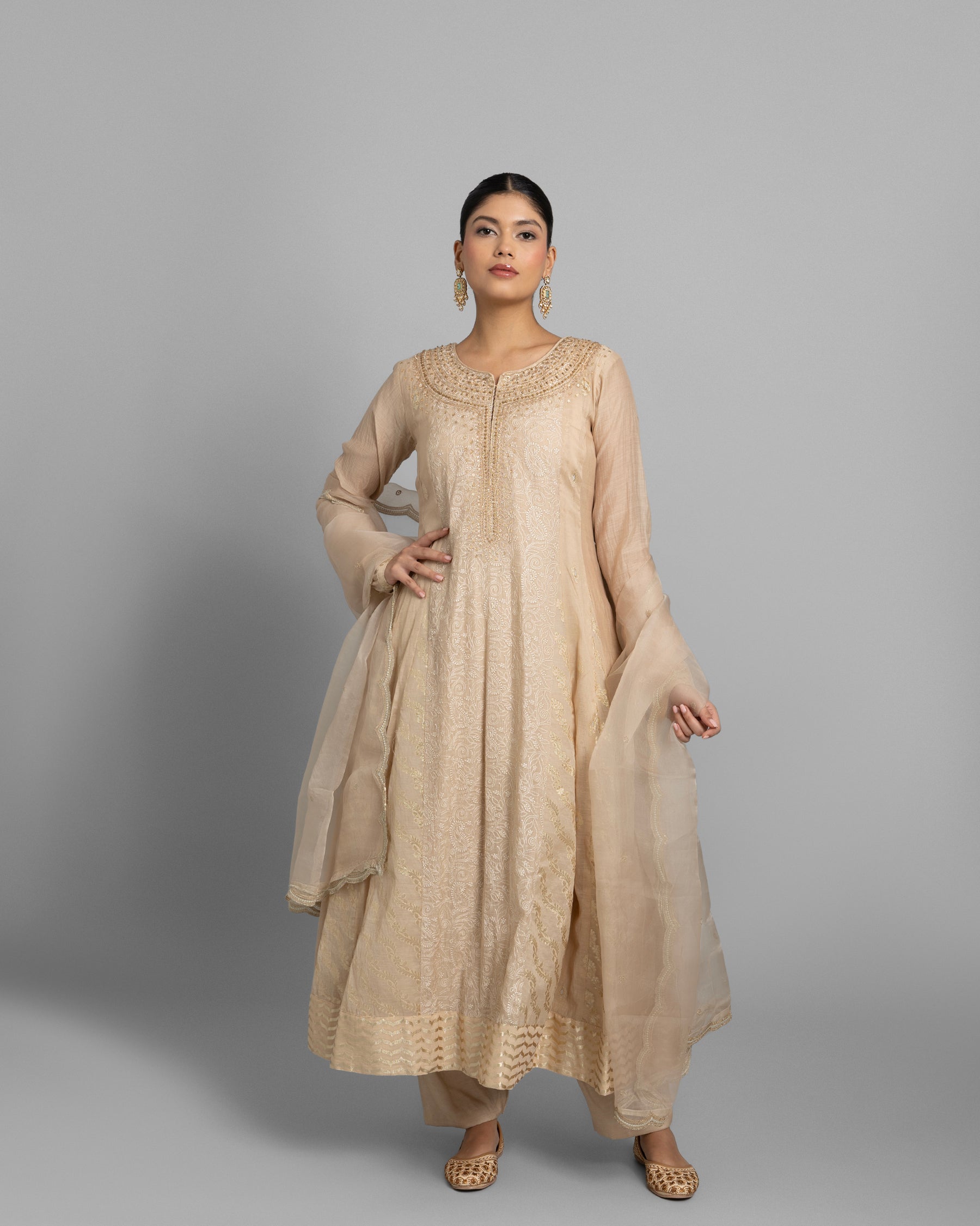 BEIGE LUCKNOWI ANARKALI ENSEMBLE