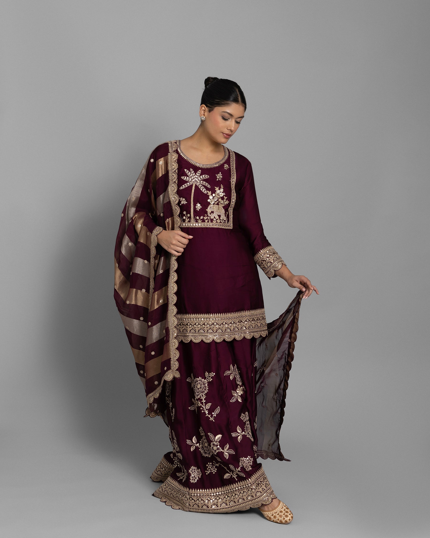 WINE RESHAM WORK KURTI WITH FLARED PALAZZO SET